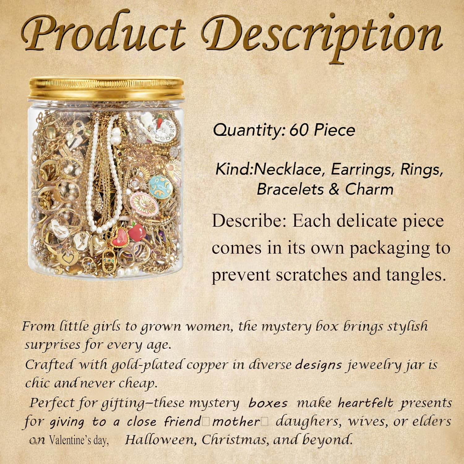 60 Pieces Mystery Jewelry Jar, Dainty Gold Mystery Box for Women Jewelry Set with Necklace, Earrings, Rings, Bracelets & Charm, Unique Jewelry Jar Birthday Gifts for Her (Diverse Style / 60) - Image 4