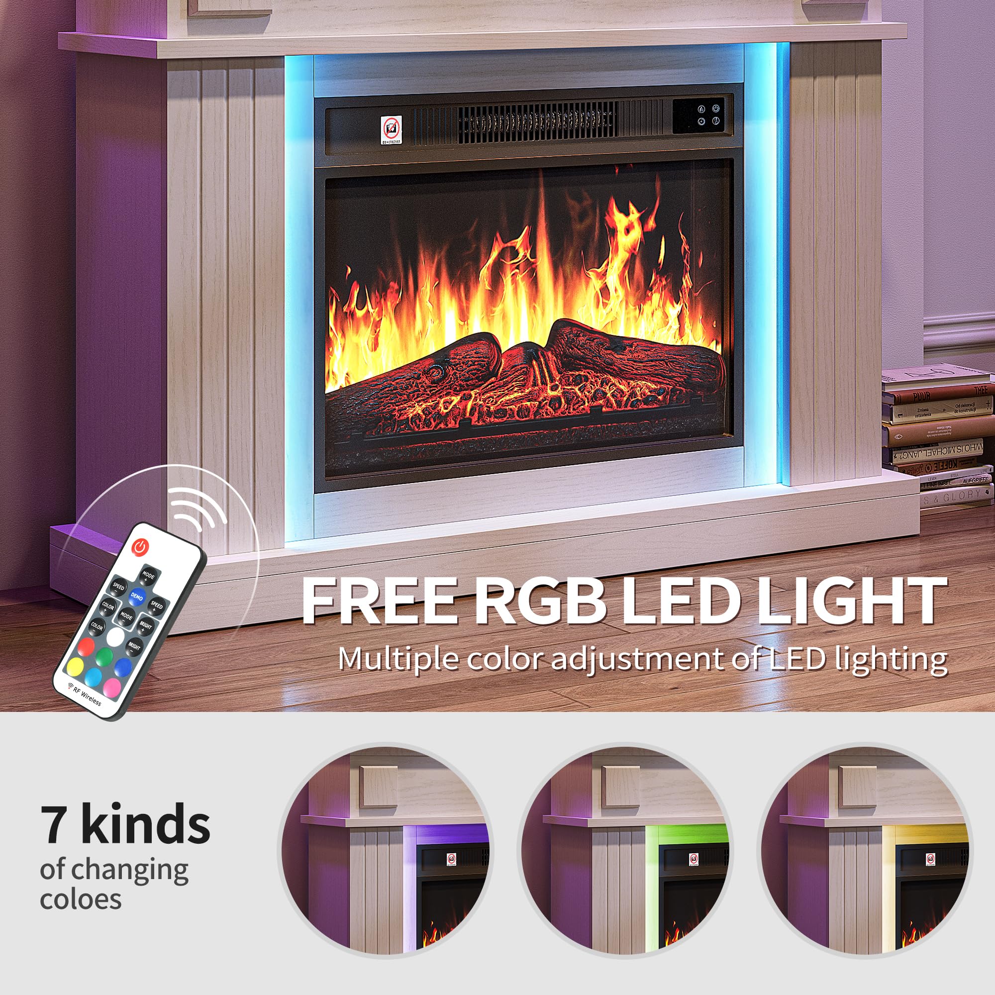 YITAHOME Elektrokamin, 23inch Realistischer 3D Flammeneffekt Erwärmungsfreistehender Elektrischer Kamin mit Timer und 24-Farb-LED-Lichtband und Fernbedienung