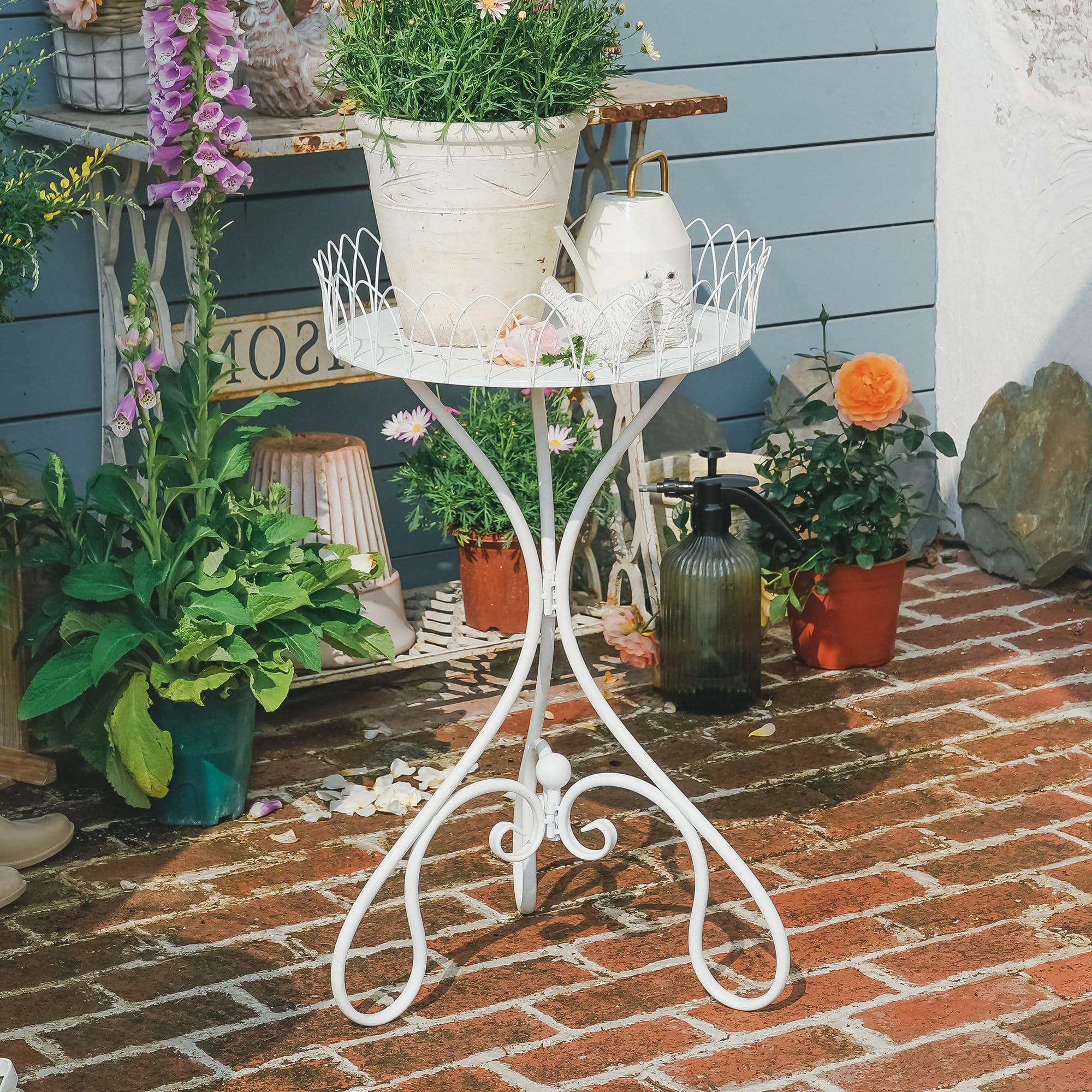 White Round Tabletop Plant Stand, French Vintage Metal Flower Pot