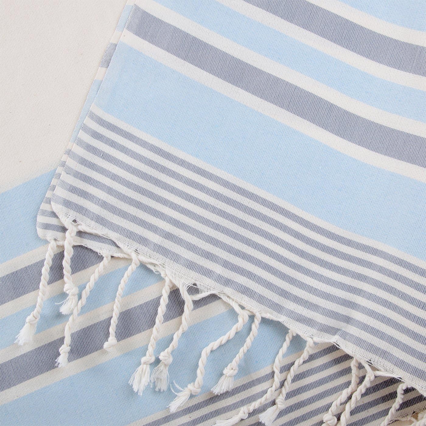 Natura Turkish Towel Pestemal Soft Blue and Grey Striped on Ecru. Cotton Turkish Hammam Pestemal.