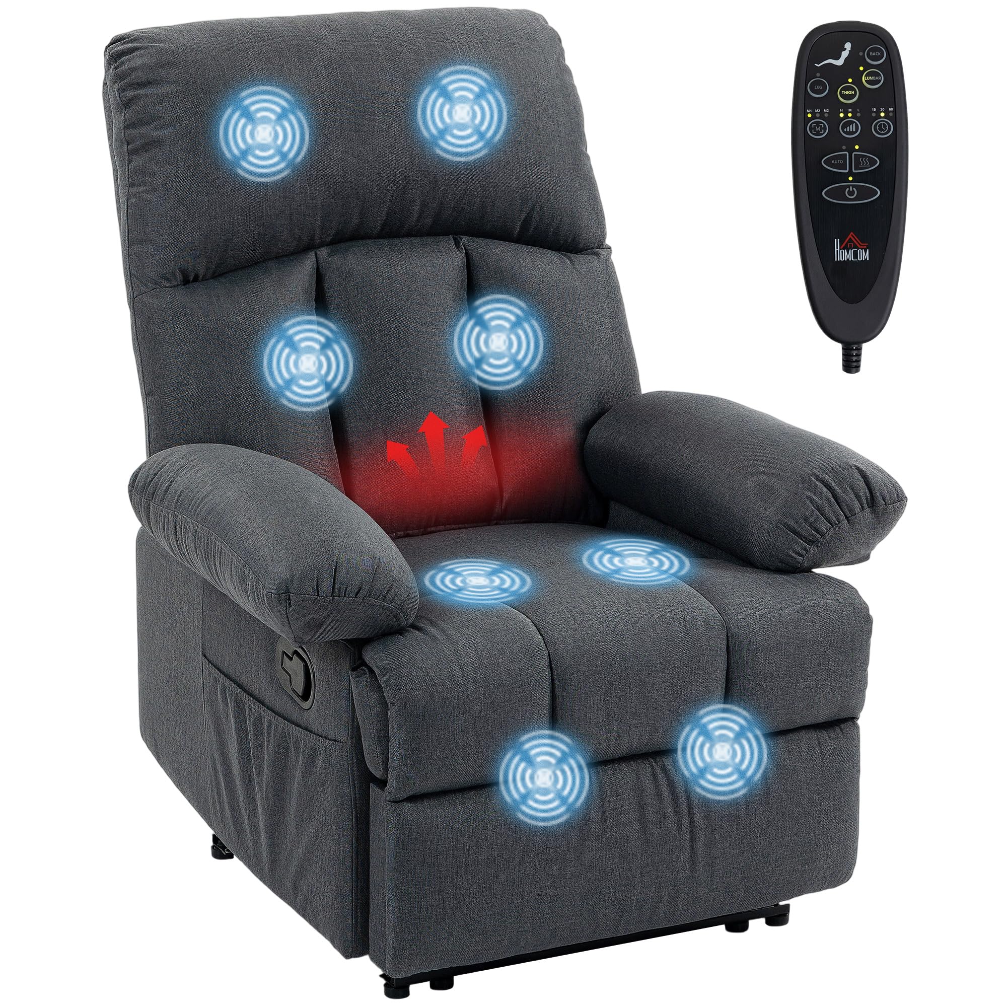 HOMCOM Sillón de Masaje Reclinable 8 Puntos Calefacción Lumbar Gris Oscuro | Sillón Relax, Mando a Distancia, Asiento con Muelles, Bolsillos Laterales, Tejido Efecto Lino
