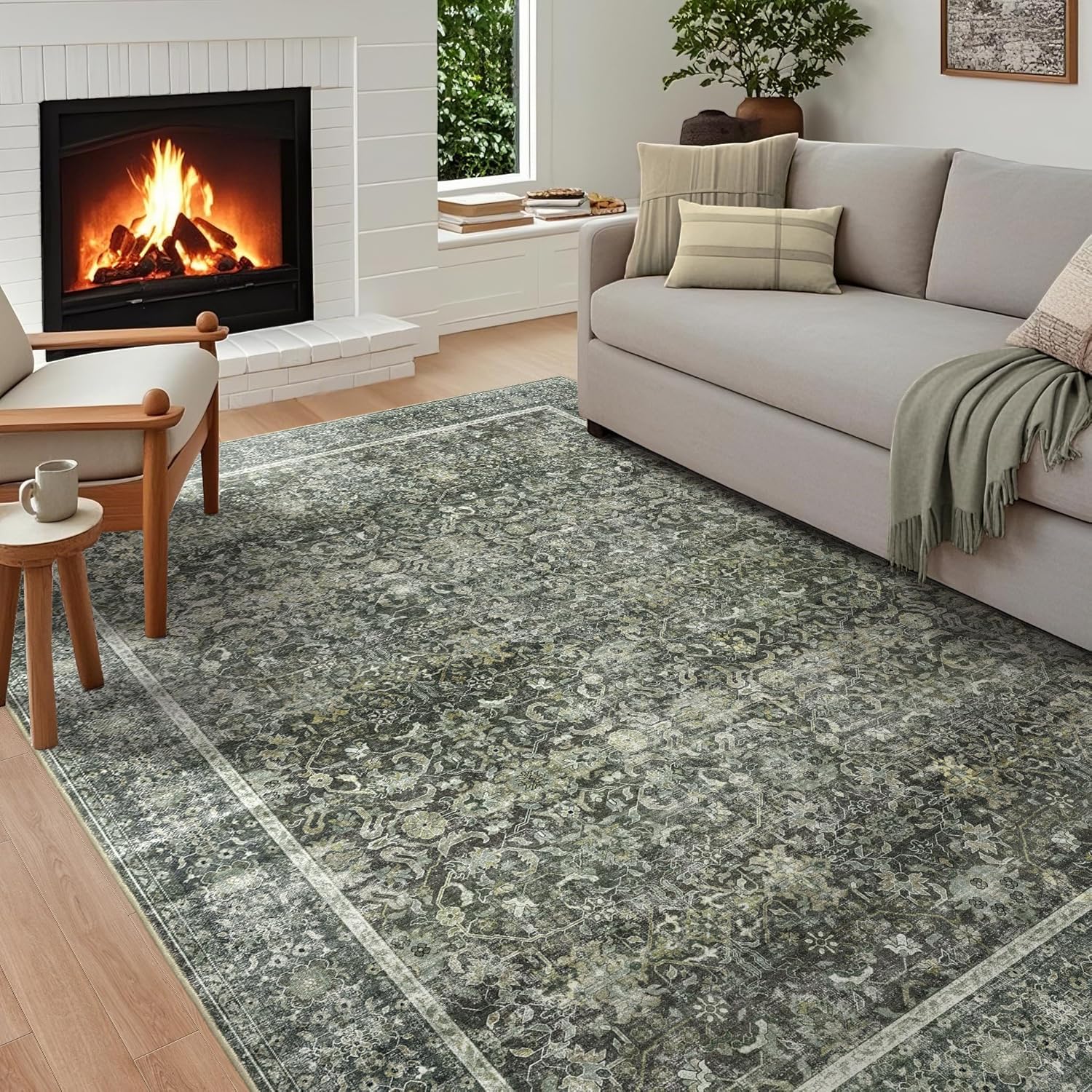 (Similar to the image)(8x10)Vintage Traditional Area Rug - Olive Green Washable Living Room Rug Non Slip Ultra-Thin Stain Resistant Oriental Carpet Retro Boho Accent Throw Rugs for Bedroom Dining Room Office Olive Green