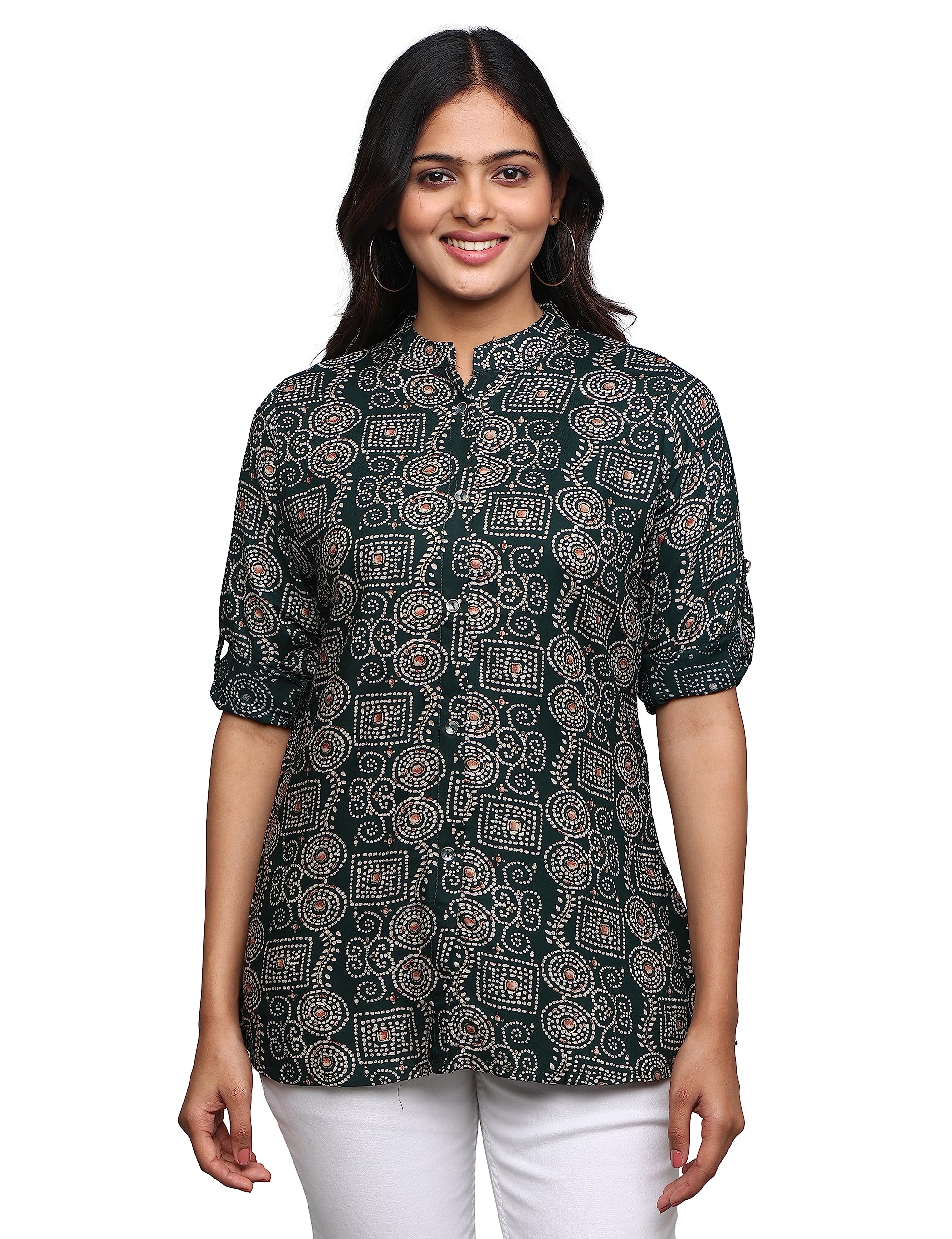 Casual Bandhani Green Printed Tunics or Top with Show Buttons for Women-image-1