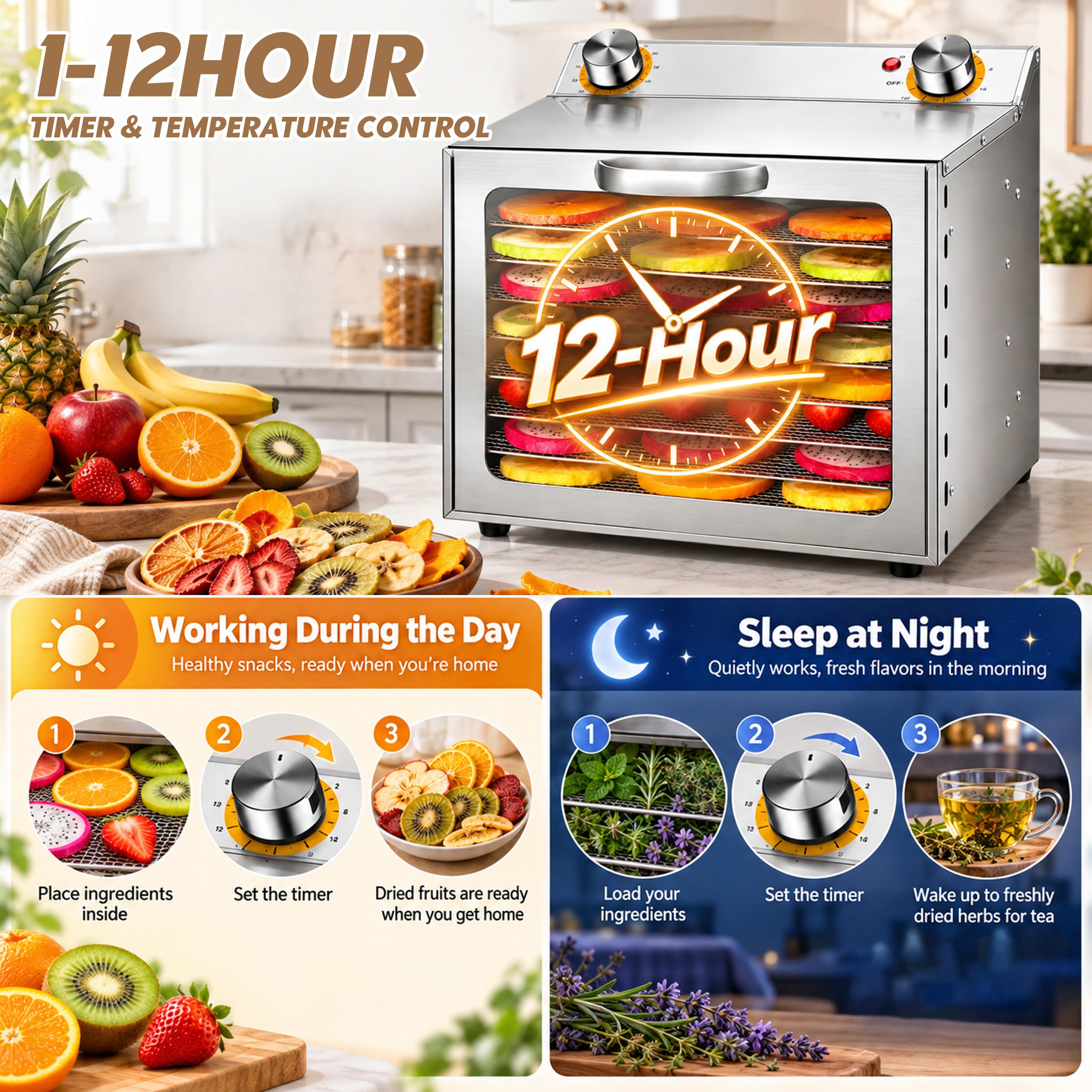 Deshidratador de alimentos de acero inoxidable 8 estantes, secador de