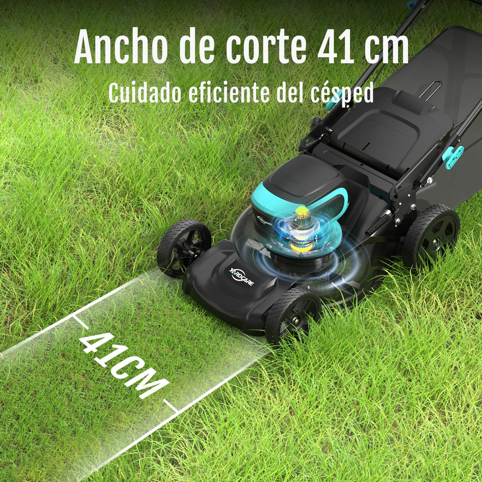 YARDCARE Cortacesped Electrico(Hasta 675㎡, 36V, Ancho de Corte 41cm)Cortacesped Bateria con Ajuste de Altura de 7Etapas, Kit de Mulching&Bolsa de Paja de 45L, Mango Ajustable, Pantalla LED, Cargadores