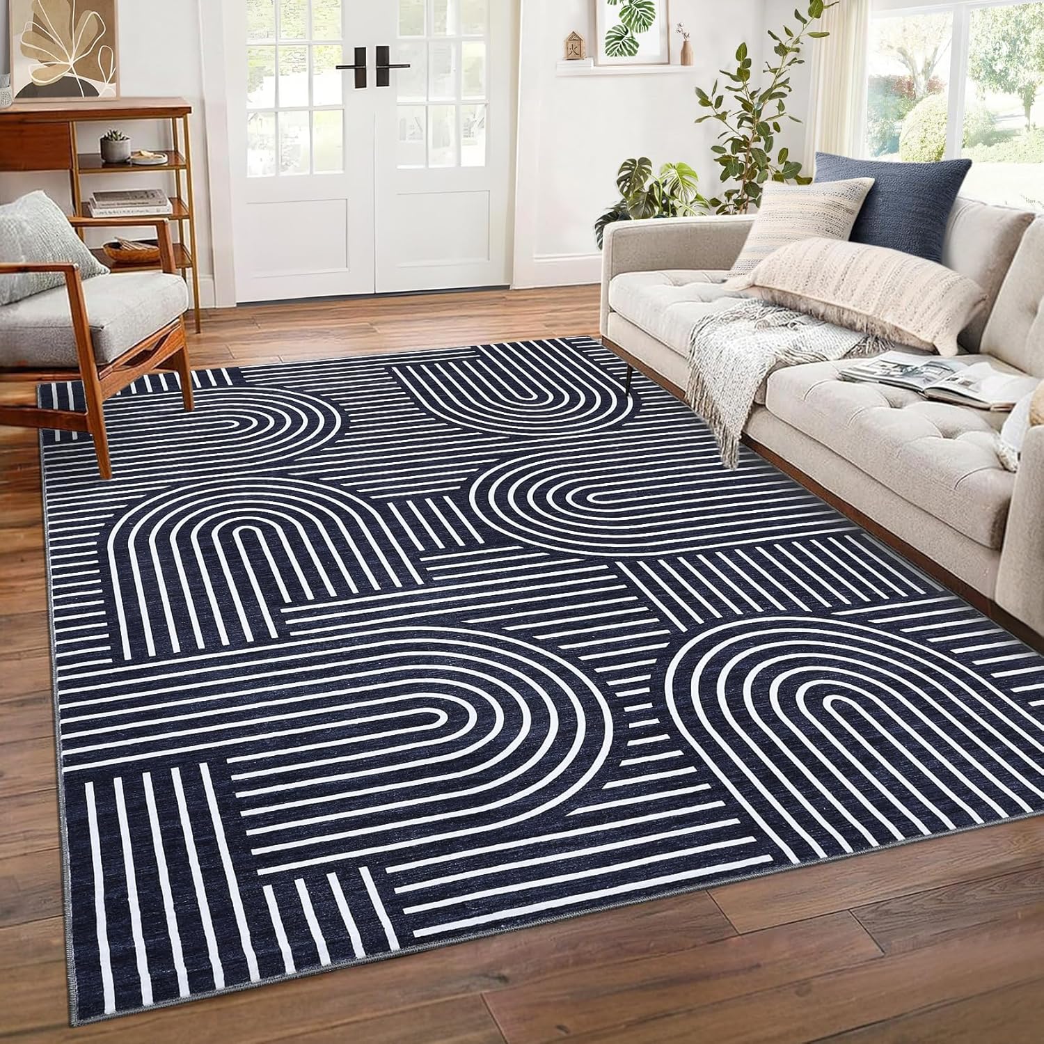 Washable Rug 8x10 Area Rugs for Living Room, Abstract Rug for Bedroom, Soft Rainbow Non Slip Throw Rugs with Rubber Back, Low Pile Stain Resistant Boho Geometric Carpet for Dining Room, Blue Blue 8' x 10' (Rectangular)