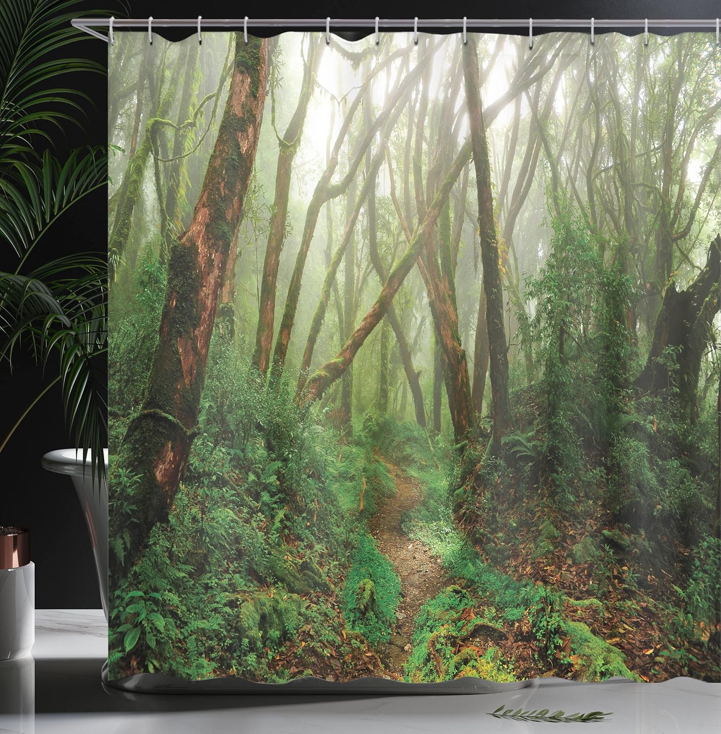 Ambesonne Forest Shower Curtain, Spooky Tropical Exotic Fog Jungle in Rainforest Nepal Climate Picture Print, Cloth Fabric Bathroom Decor Set with Hooks, 69" W x 75" L, Green Brown