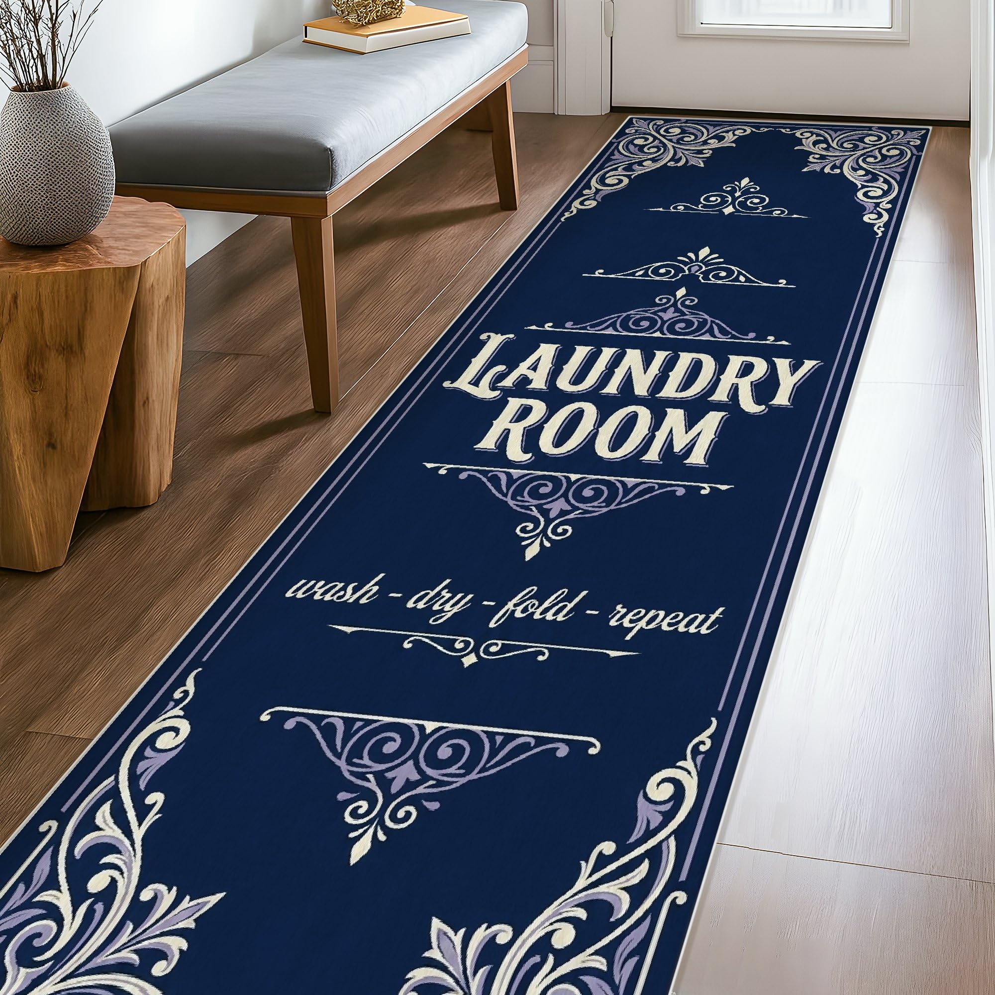 Tapis de couloir buanderie vintage bleu marine pour sublimer votre entrée et vos sols de cuisine