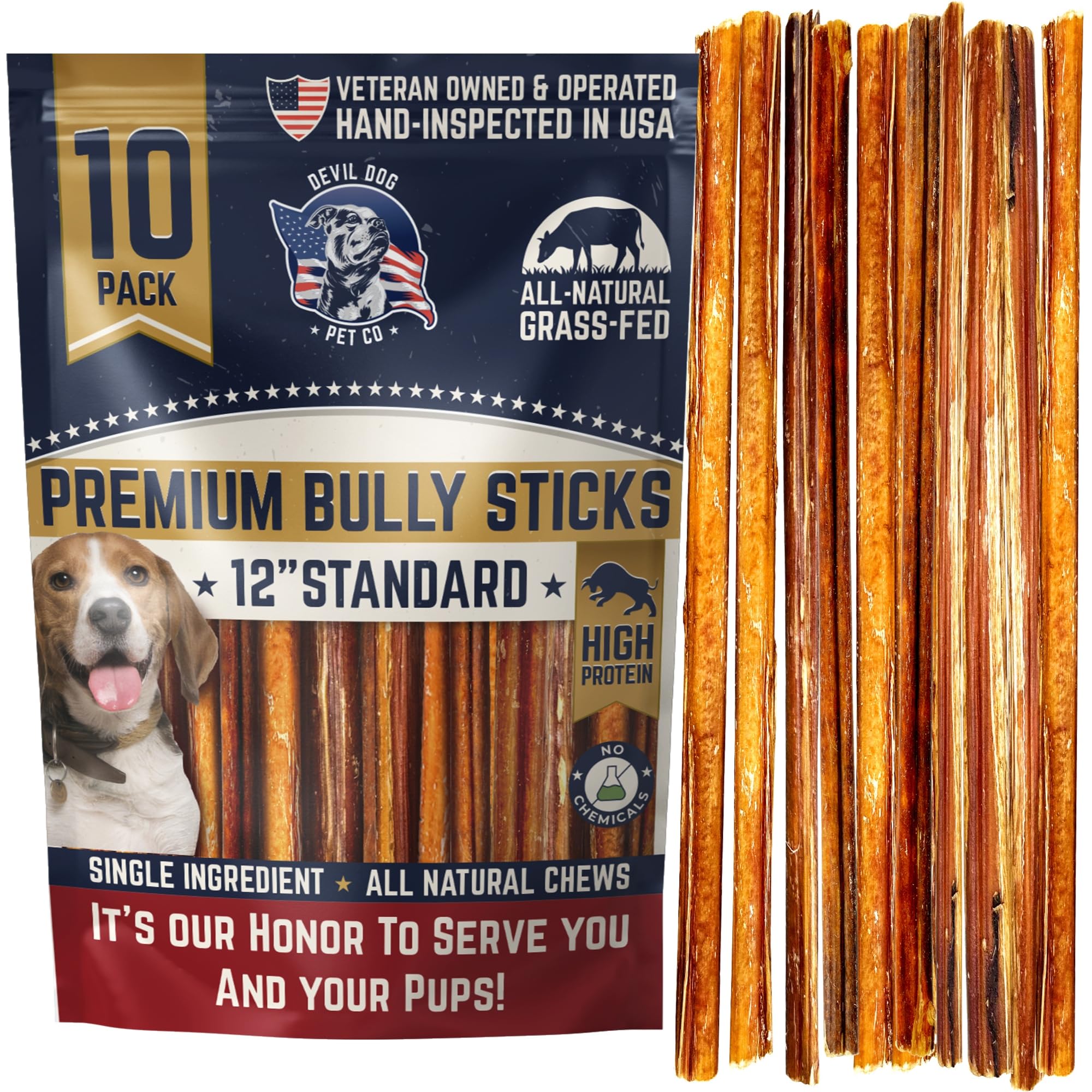 Devil Dog Pet Co Bully Sticks for Large Dogs, Long Lasting 12 in 10 Pack
