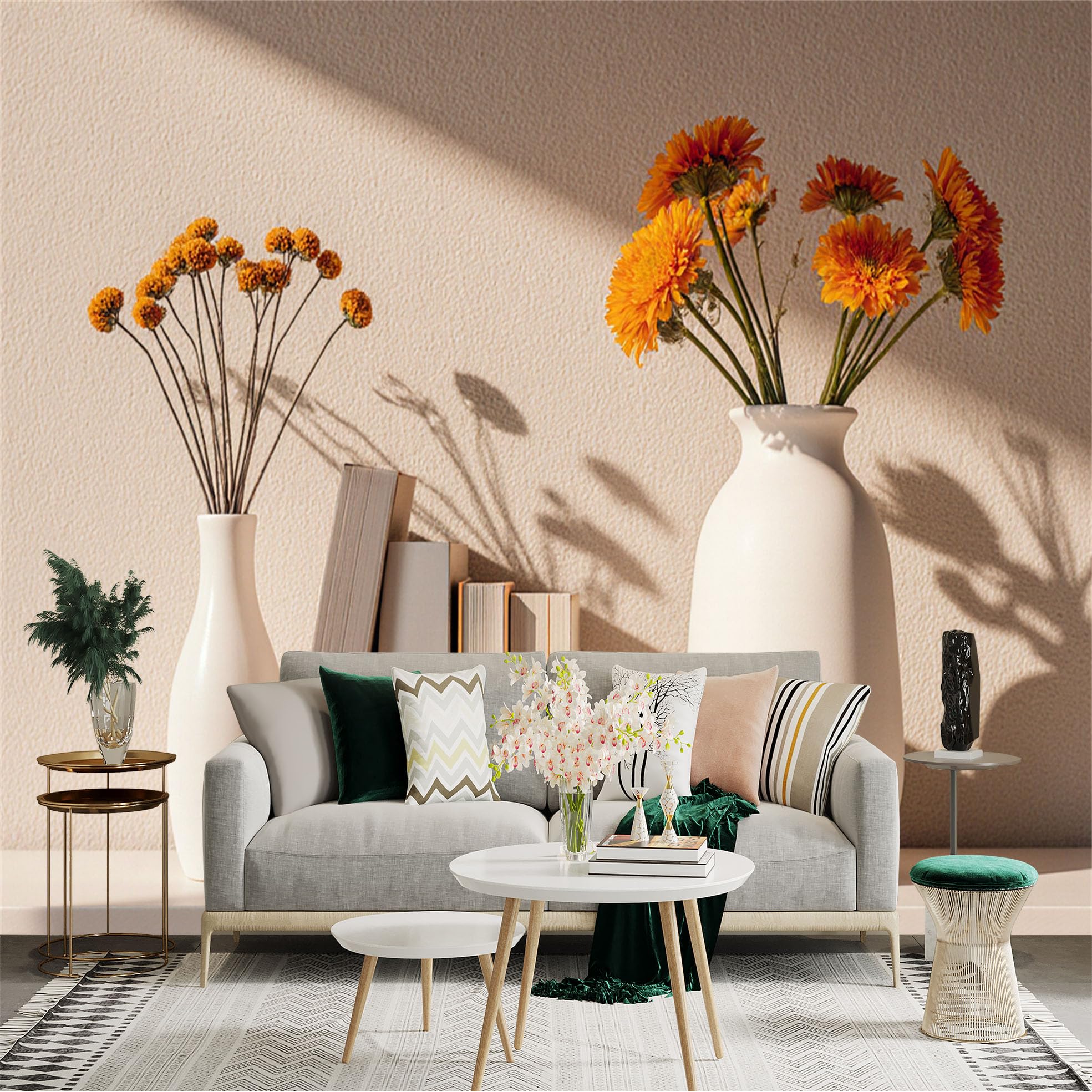 Custom Size Wall Sticker Mural， Minimalist Vases with Orange Flowers， Aesthetic Books Decor， Warm Sunlight Shadows， for wall Decoration， peelandstick wall Decals.