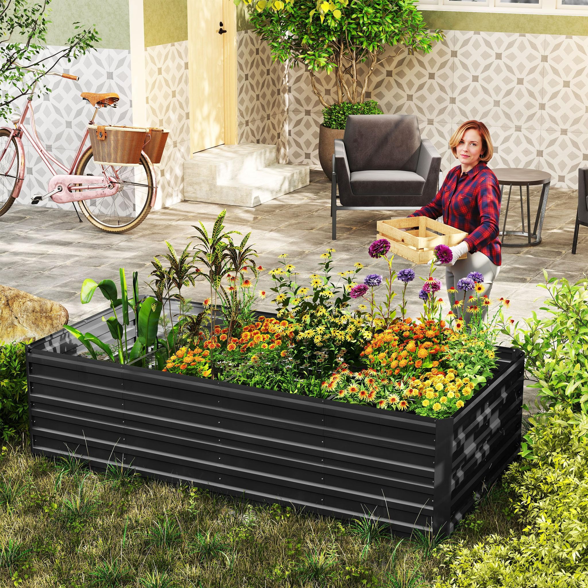 AufuN Jardinera de acero galvanizado, 240 x 120 x 58 cm, rectangular, de metal, acero inoxidable, resistente a la intemperie y a la intemperie, para verduras, hierbas y flores, jardinera para jardín
