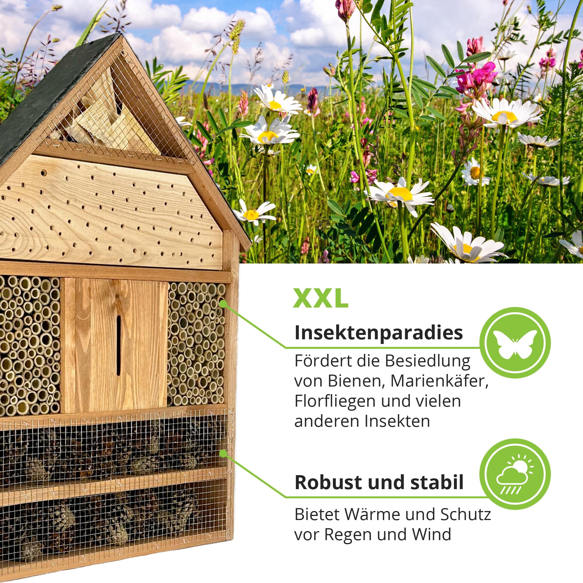 GARTENETAGE Insektenhotel XXL geölt mit Schieferdach/Naturbelassenes, massives Insektenhaus & Bienenhotel/Insektenhotel zum Aufstellen mit Pfählen, witterungsbeständig