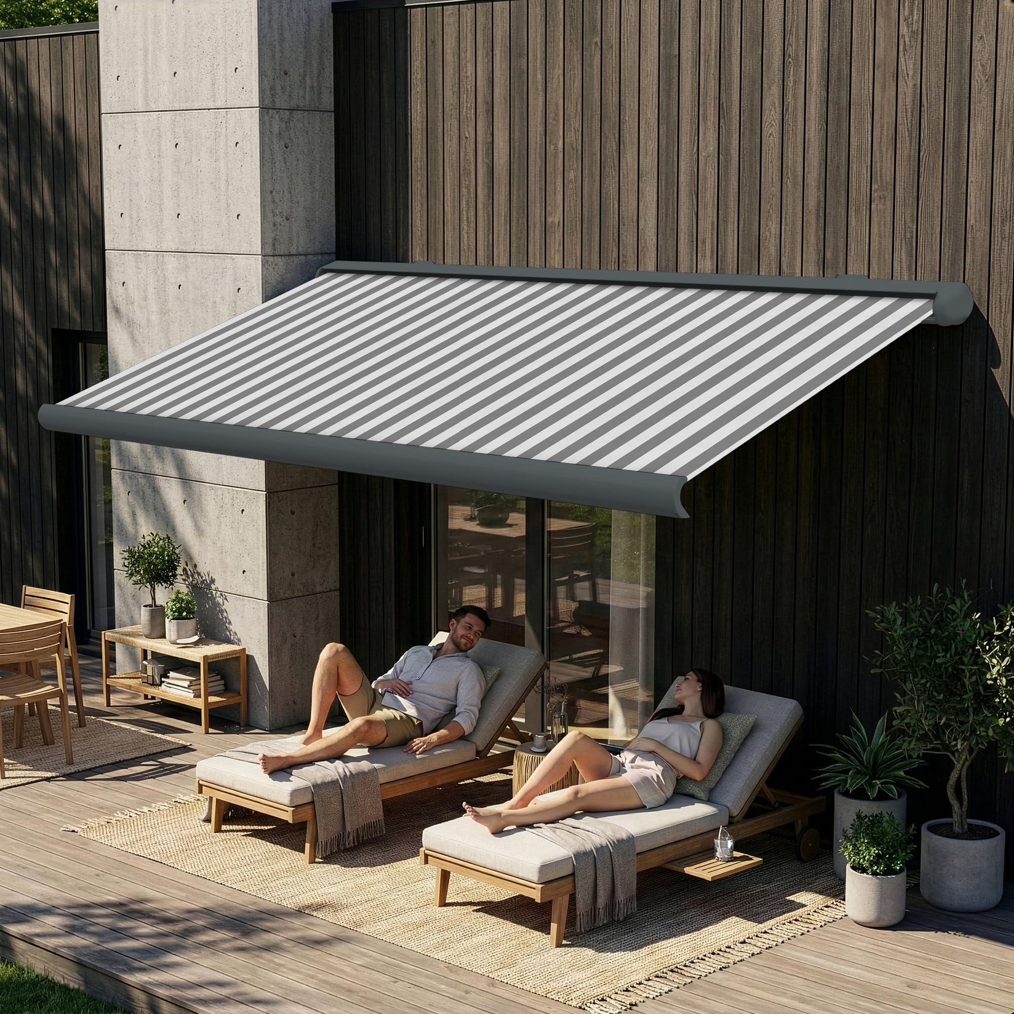 Amazon.de: Eclipse Vollkassettenmarkise elektrisch 4x3m basaltgraues  Gehuse Markise Balkon Terrassenberdachung Gelenkarm Polyacryltuch  UV-Schutz 50+ Smarthome-fhiger Dooya Motor, Markisentuch: Grau-Wei
