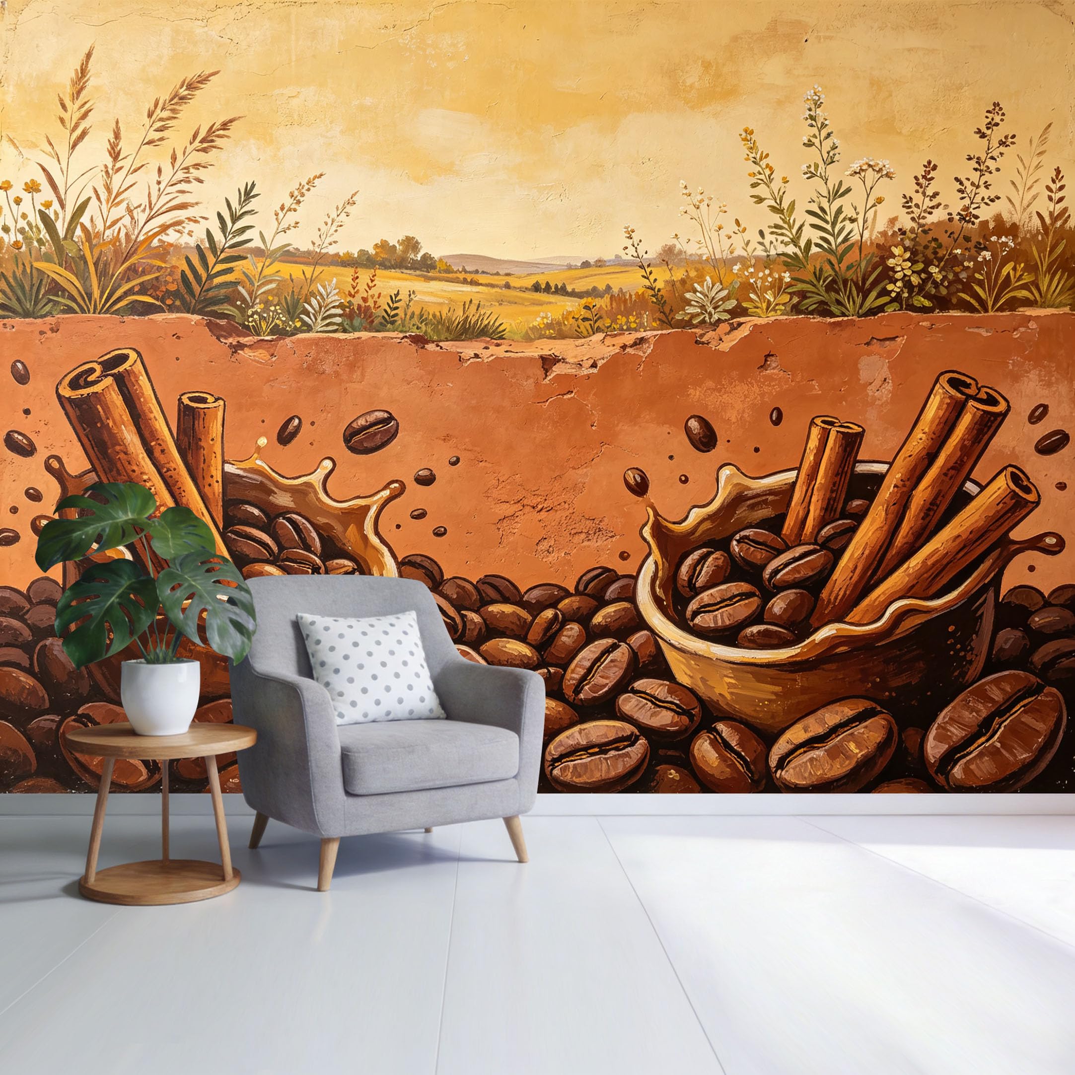 Custom Size Wall Mural Coffee Beans Cinnamon Sticks Rustic Landscape Oil Painting Style SelfAdhesive Wall Fabric Removable Wallpaper for Home Office Decor
