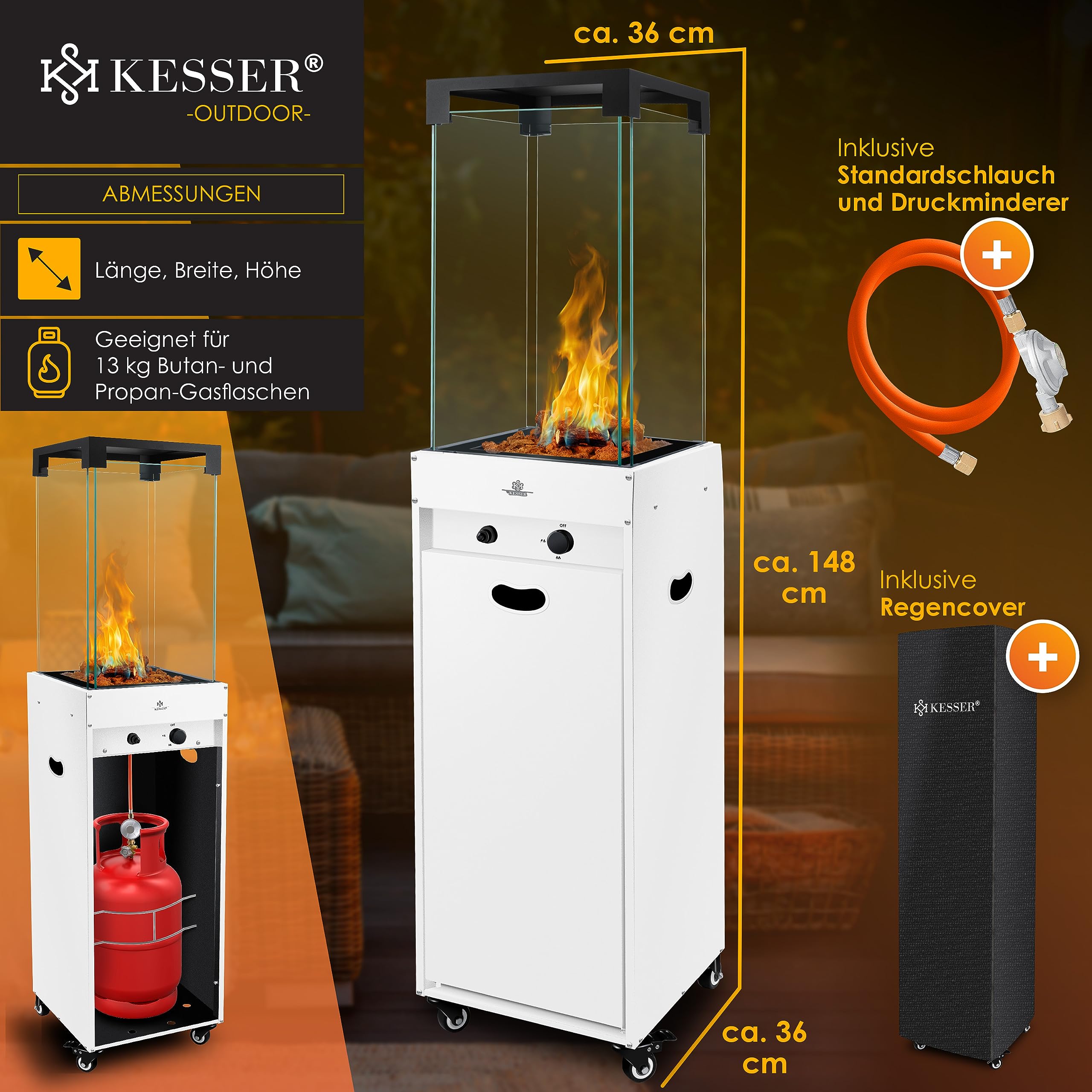 KESSER Chauffage Radiant à Gaz Terrasse avec Housse Protection, Roulettes, Blanc