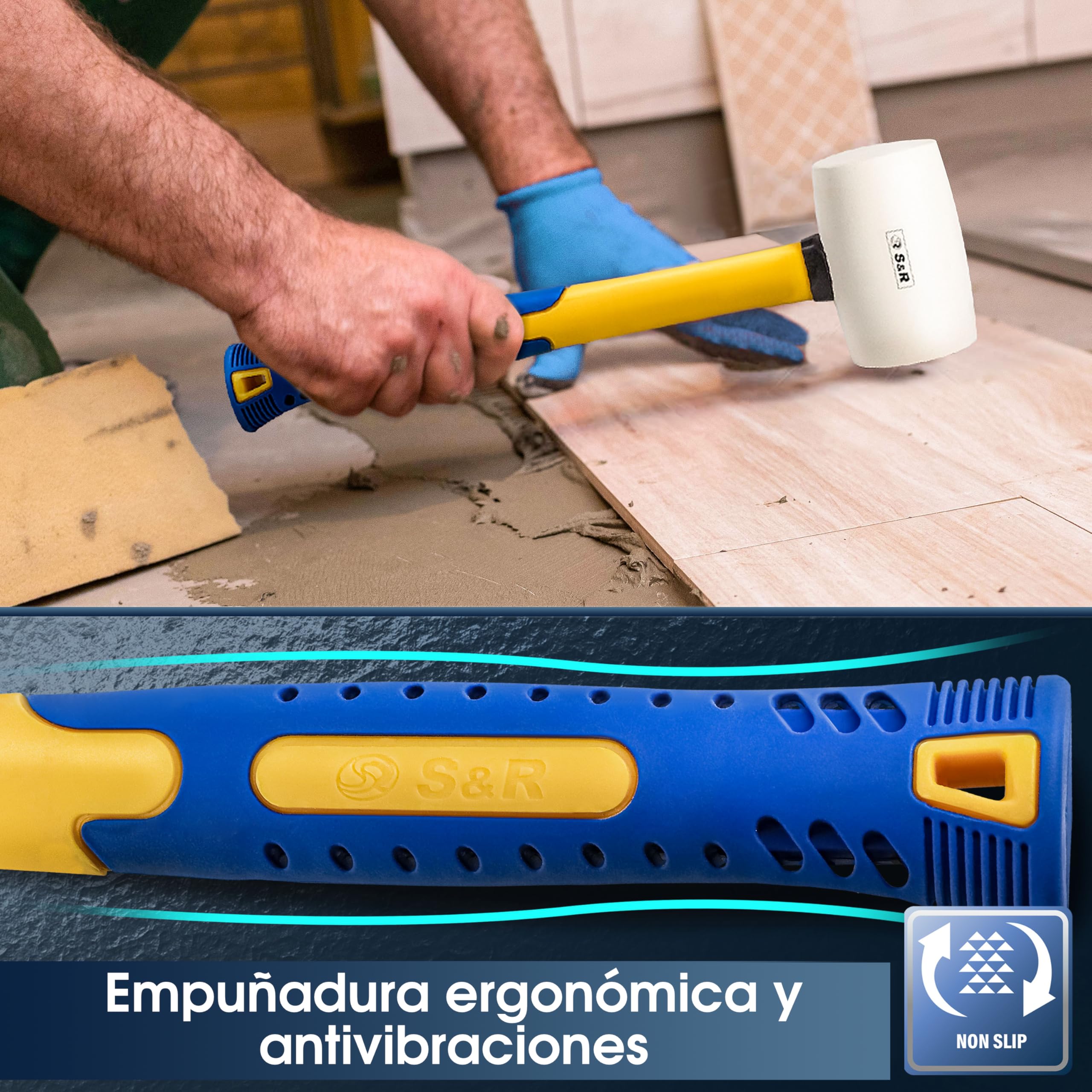 S&R Martillo Goma | Martillo de Goma | Mazo de Goma | Maza albanil Blanco 910g / 75mm | Mazo azulejos, camping, encofrador