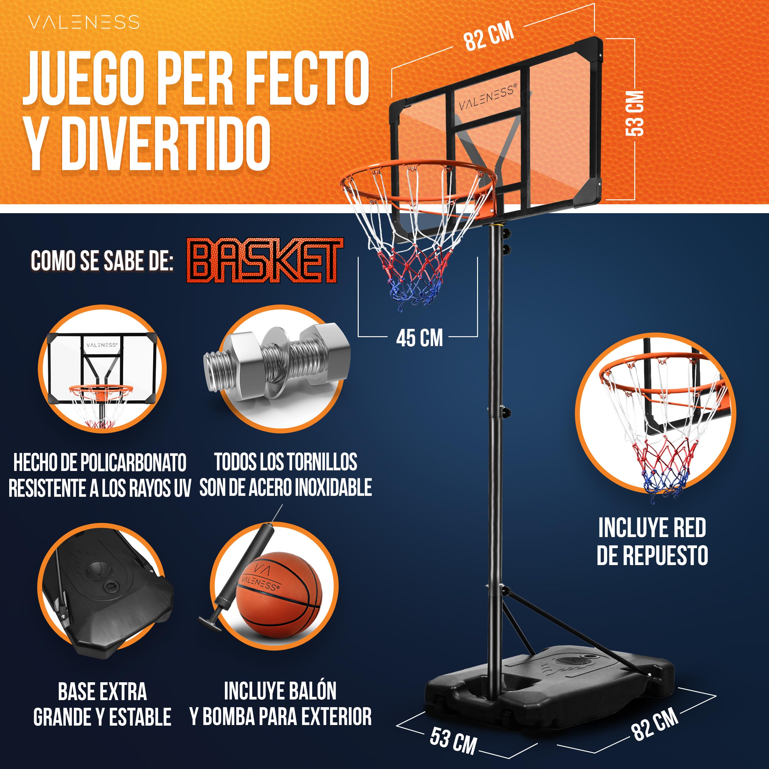 VALENESS® Aro de Baloncesto para Exterior – Soporte Ajustable en Altura [135 a 305 cm] y Resistente a la Intemperie – Aro Profesional con balón y Bomba para niños y Adultos