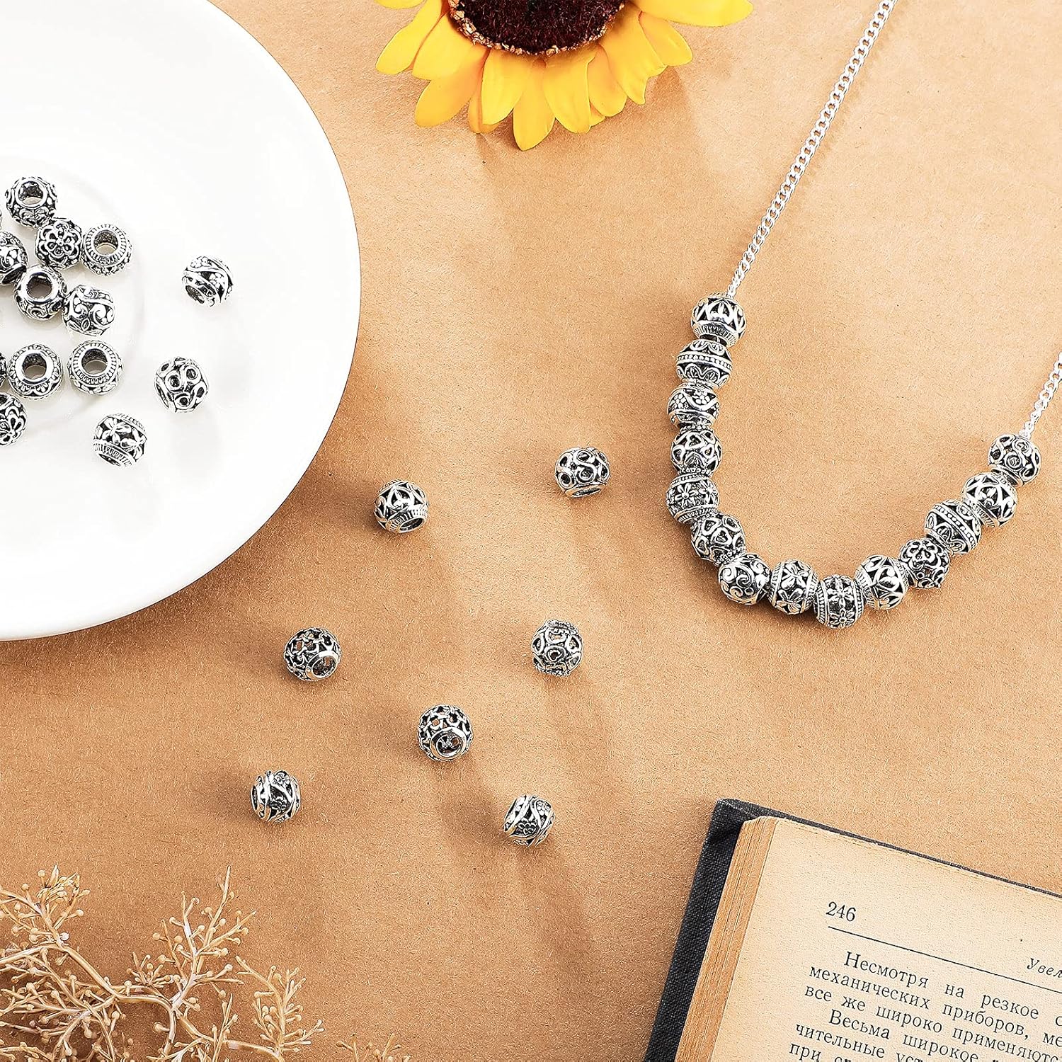 Hicarer 180 Pieces Silver Tone Spacer Loose Beads Hollow Filigree Tibetan Alloy Beads Spacer 10 mm Tiny Metal for Life Design DIY Jewelry Craft Making Necklace Bracelet Supplies - Image 4