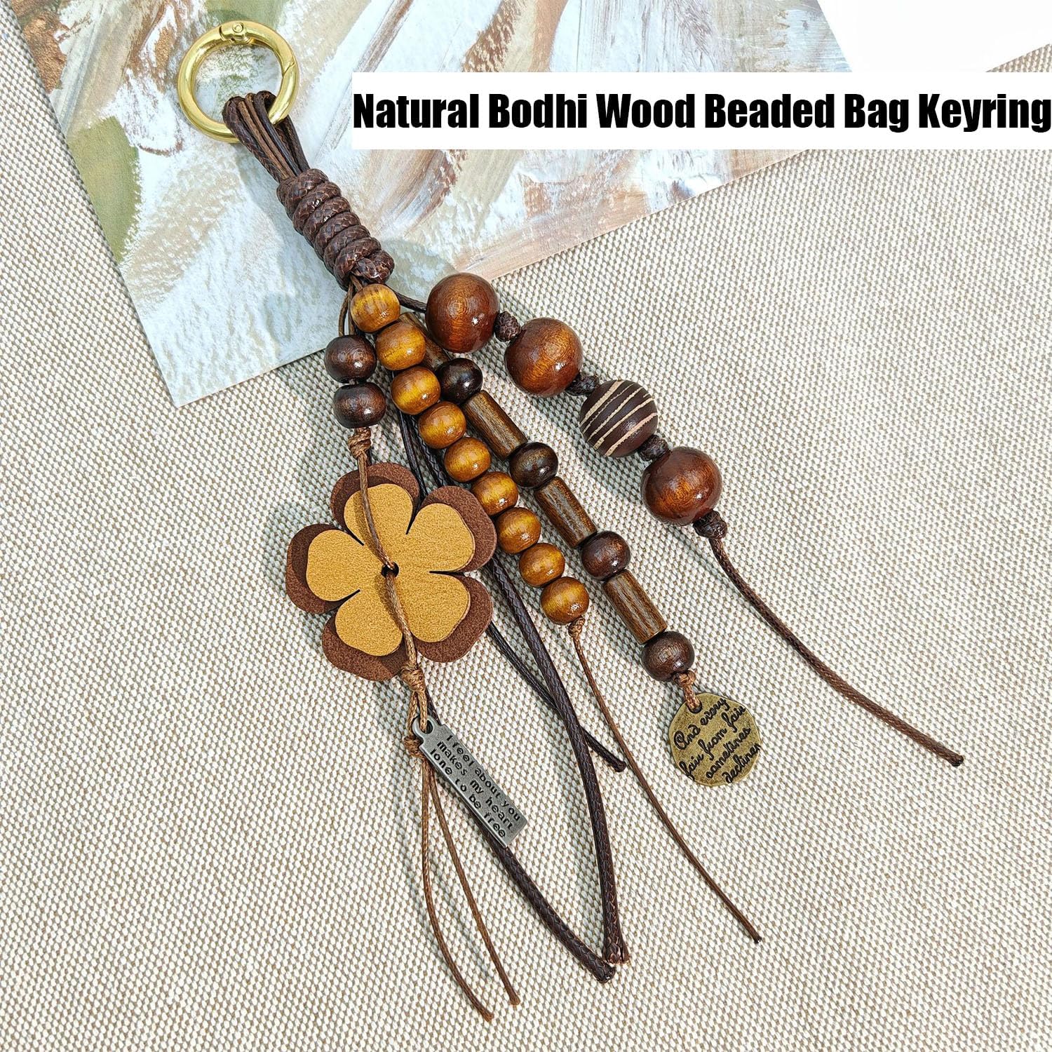 Natural Bodhi Wood Beaded Bag Keyring Hand-Woven Cowhide Lanyard with Wish Seeds Purse Charm Key Chain Pendant - Image 7