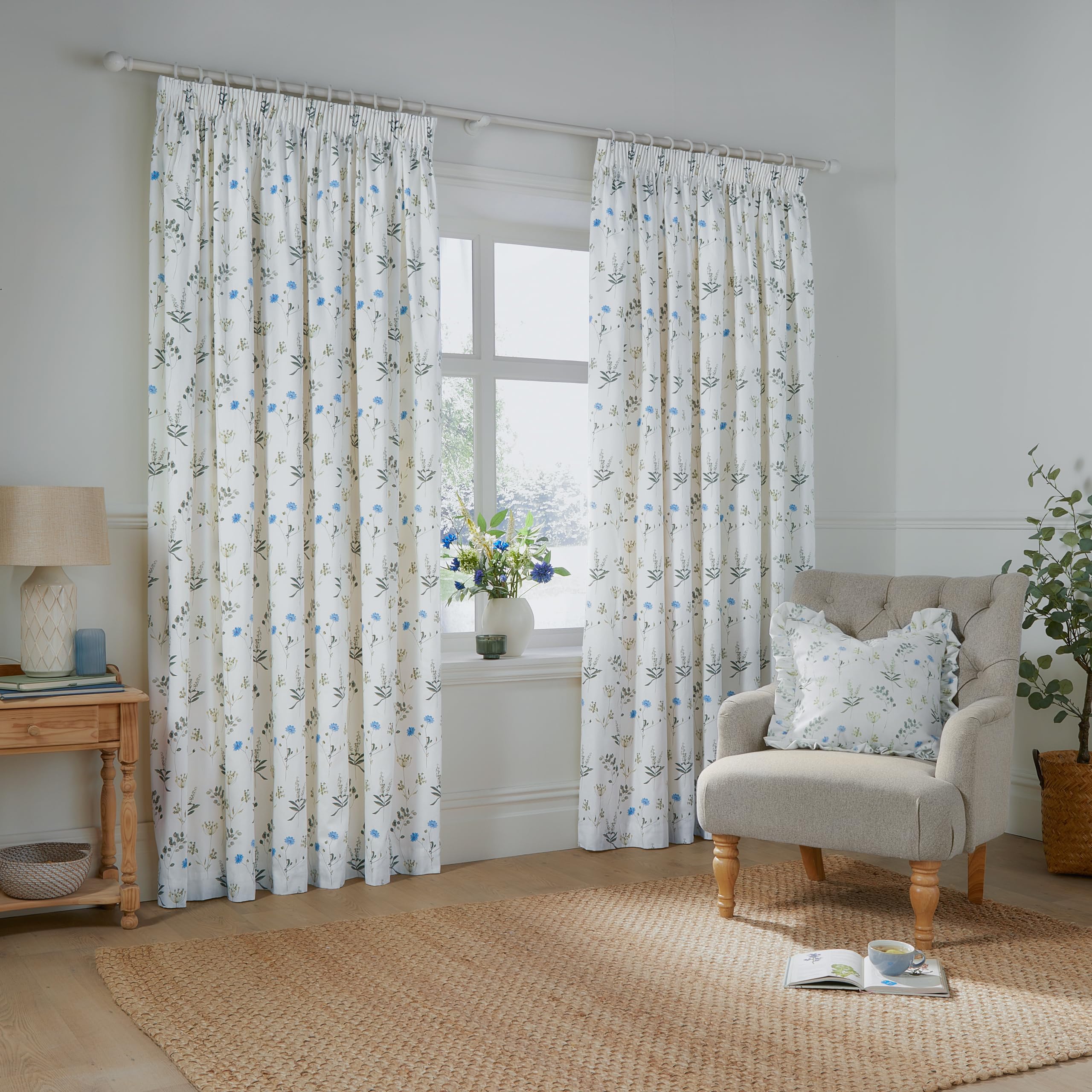 Furn. White/Cornflower Wylder Meadow Pencil Pleat Curtain Pair – 100% Cotton Country Floral Lined Drapes ( - 229X229cm)