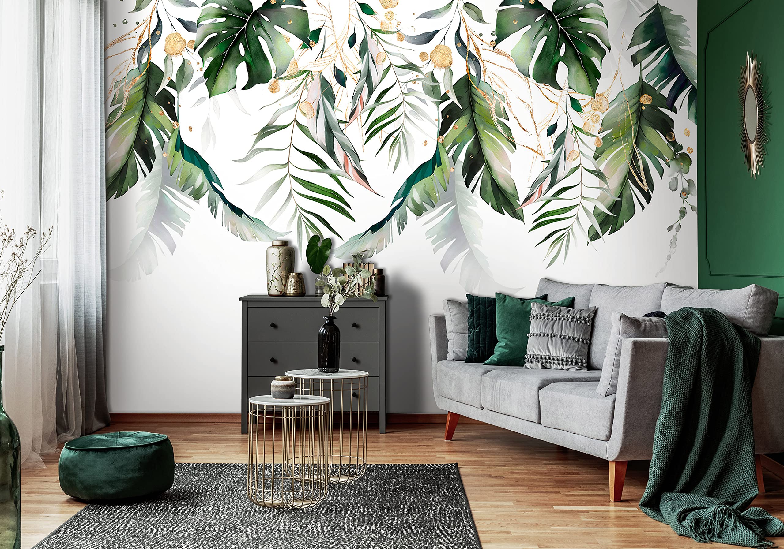 Fototapeta z liście, zielono-złota, monstera, roślina liście, do salonu, sypialni, tapeta ścienna, nowoczesna tapeta z włókniny, druk lateksowy, odporna na działanie promieni UV, gotowa do montażu (14128, V8 (368 x 254 cm) 4 pasy)