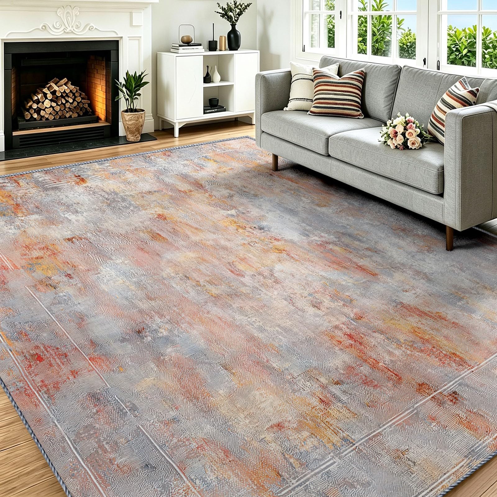 Tapis vintage 160 x 230 cm gris à poils courts imprimé floral