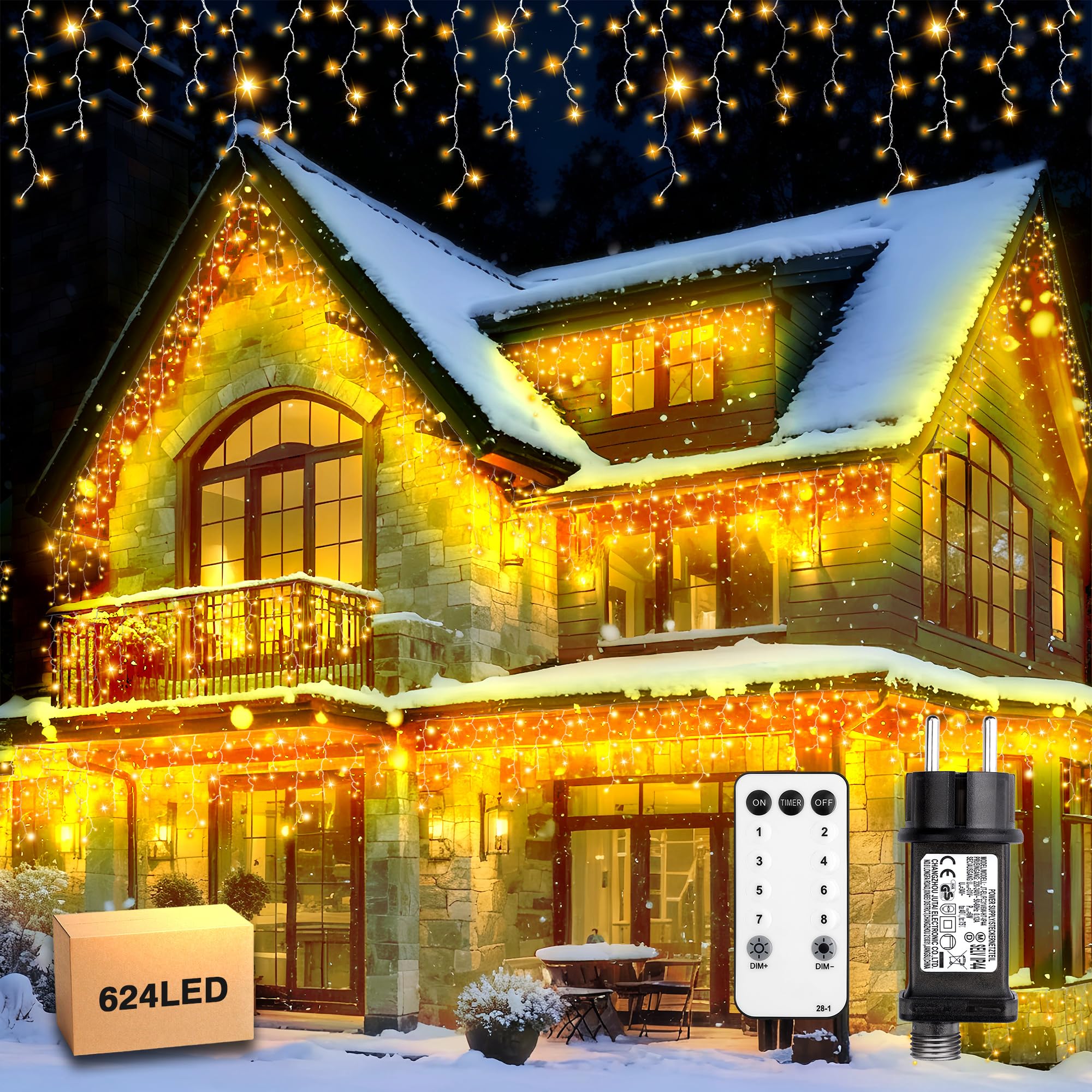 Xahpower 624 LED Guirlande Lumineuse, 18 m Lumières de Noël en Forme de Glaçon Cascade, 8 Modes, 4 Régler la Luminosité, Éclairage de Noël pour Mariage, Fenêtre, Jardin