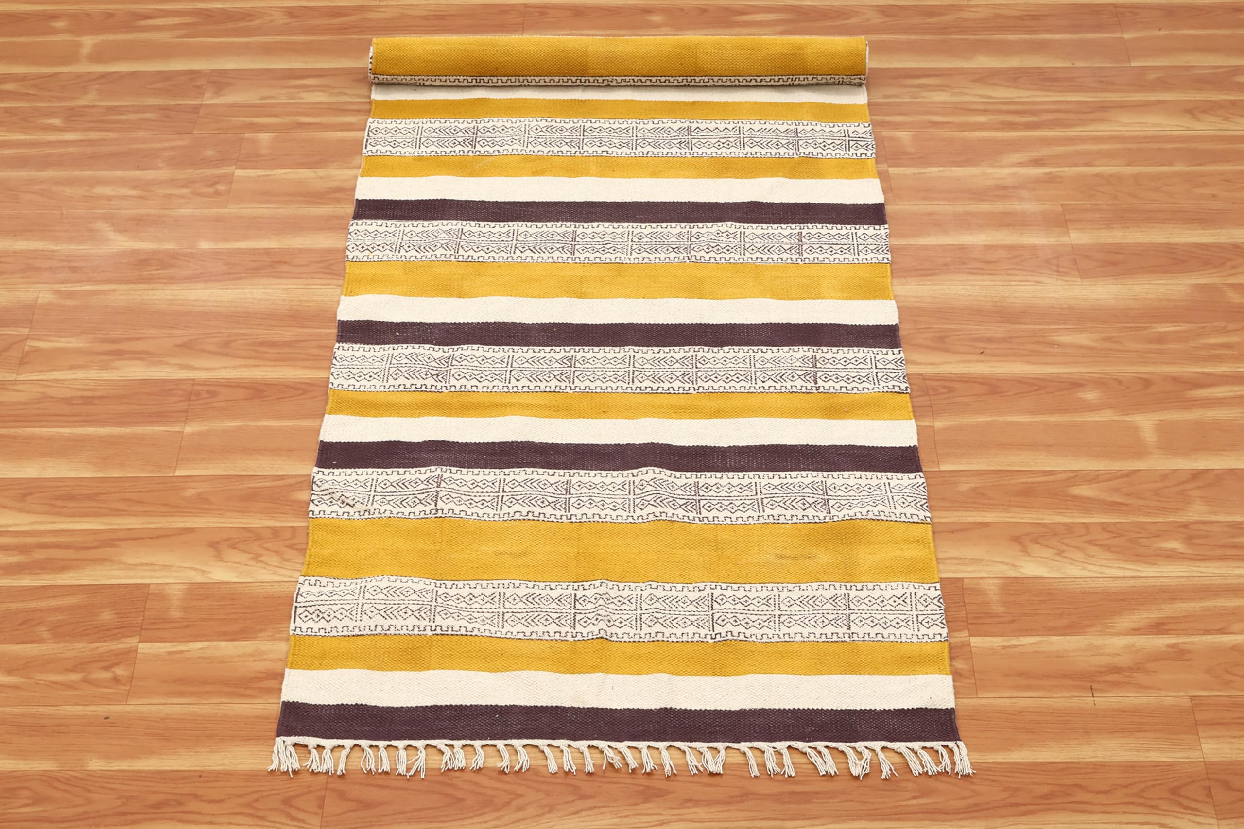 Ręcznie drukowana bawełna 4 x 10 kilim bieżnik żółto-brązowy wzór w paski ręcznie zmywalny chodnik o grubości 0,5 cm boho do wewnątrz na zewnątrz płaskie dywany na korytarz, schody, korytarz