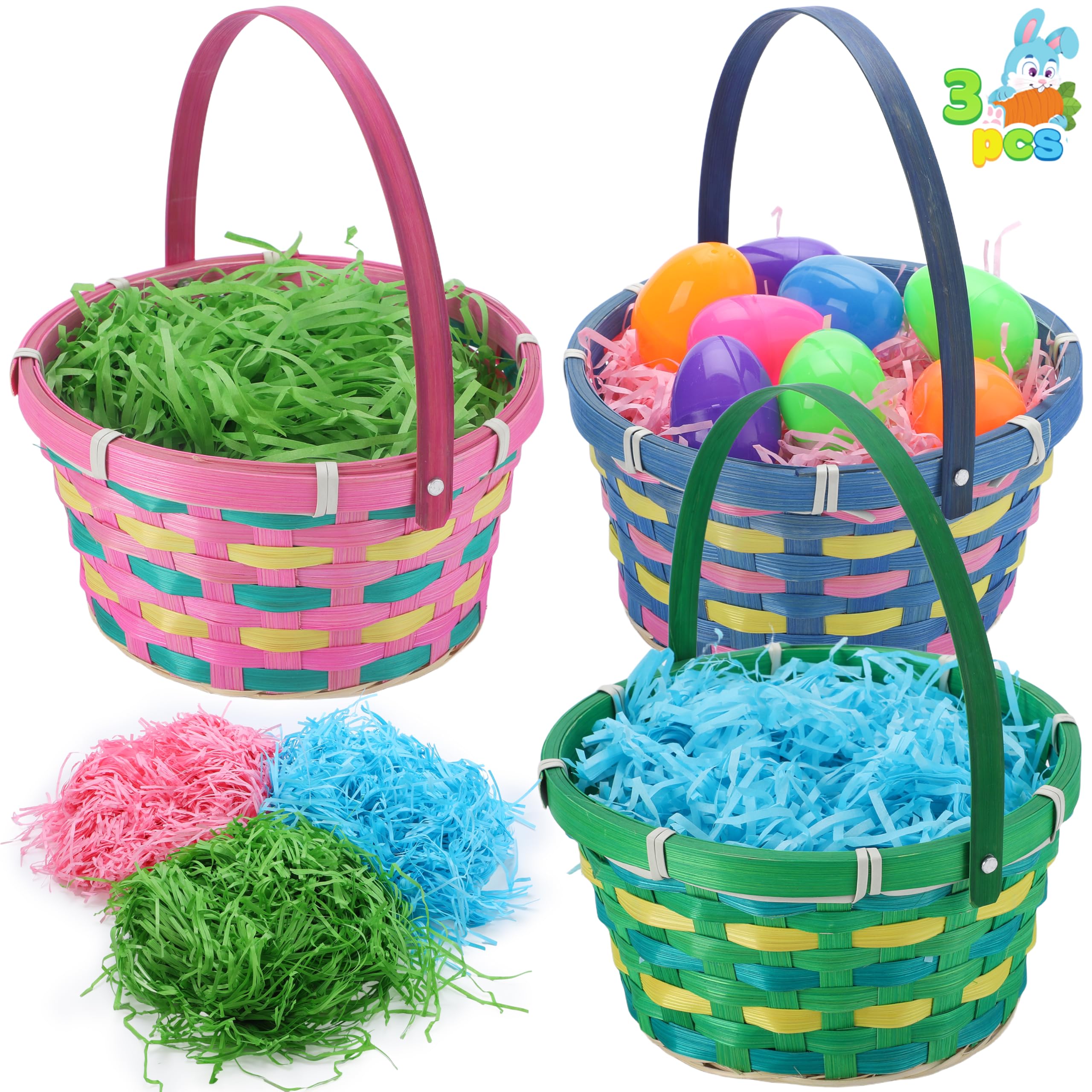 JOYIN 3 Stück Oster-Bambuskörbe, gewebt, leer, Geschenkkorb mit Griff und Gras-Papierschnipsel für Ostereiersuche, Kinder-Partyzubehör, Füllung mit Süßigkeiten und Partygeschenken (19 x 21 cm)