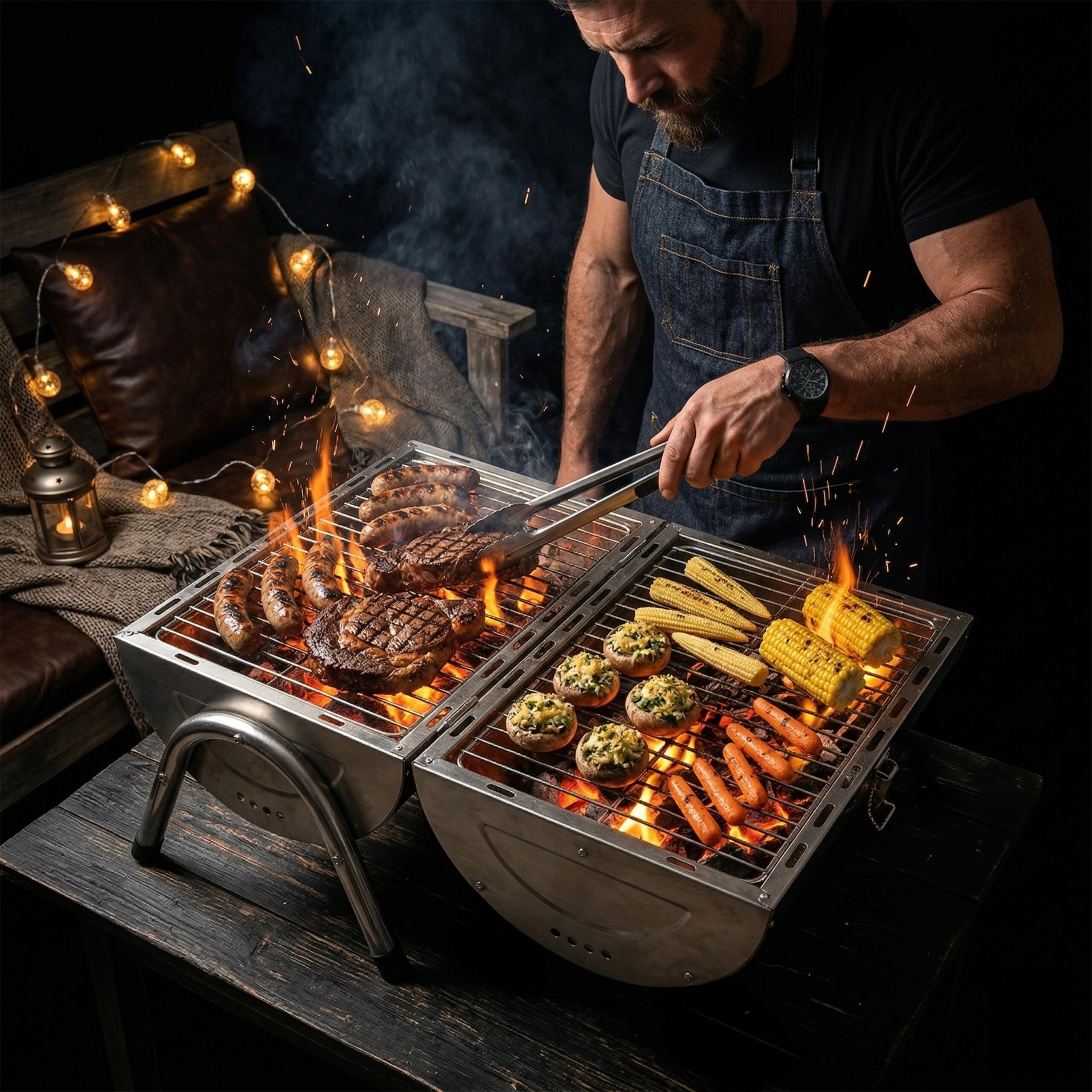 Relaxdays Barbecue de table 2 grilles 34 x 21,5 cm, argent | camping & outdoor, pliable et fumoir, poignée bois, inox
