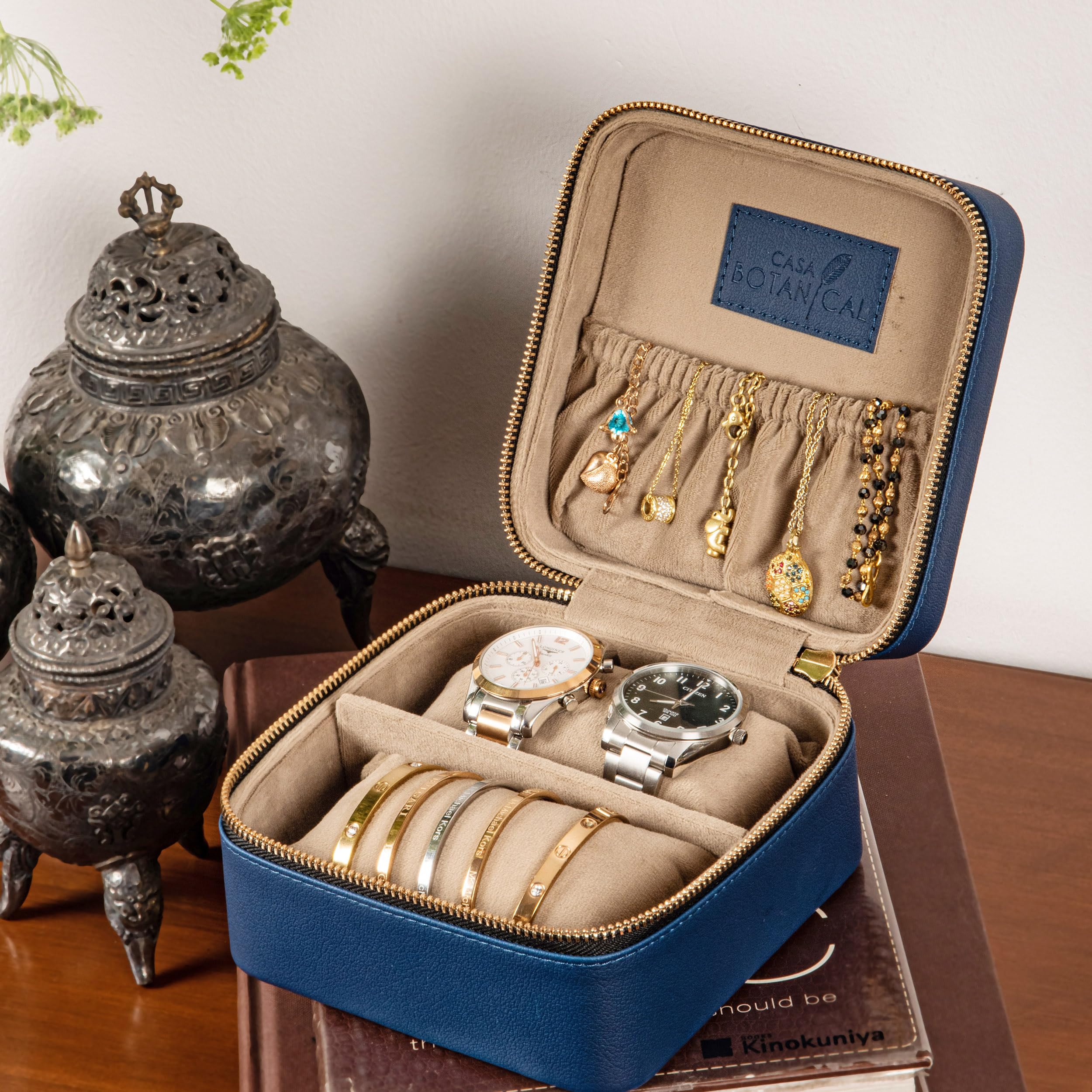 Faux Leather Organizer Box with Compartments | Travel Portable Leather Jewellery Box for Women & Men | Wrist Watch Organizer Box | Accessories Storage Box Gift for Rings, Earrings & Bracelets (Blue) 2