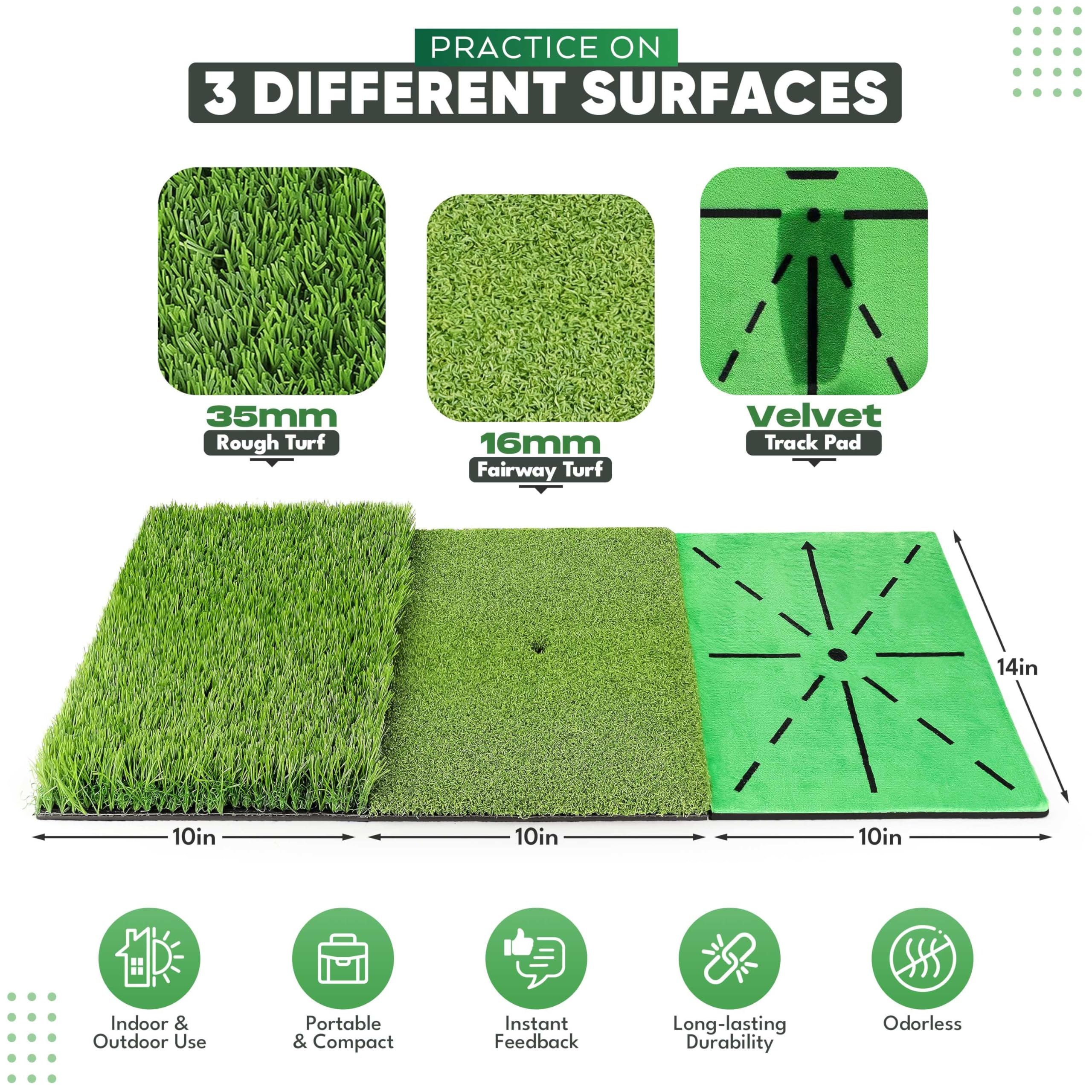 Juego de alfombrillas de práctica de golf con pista de terciopelo, superficies de césped, bolas de espuma y tees para uso en interiores o exteriores