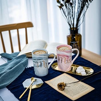 Jumway Wedding Gifts for Bride and Groom, Gifts for Bridal Shower Engagement Wedding and Married Couples Anniversary - Ceramic Marble Coffee Mugs with Real Gold Mr/Mrs Letters 14 Oz Pink