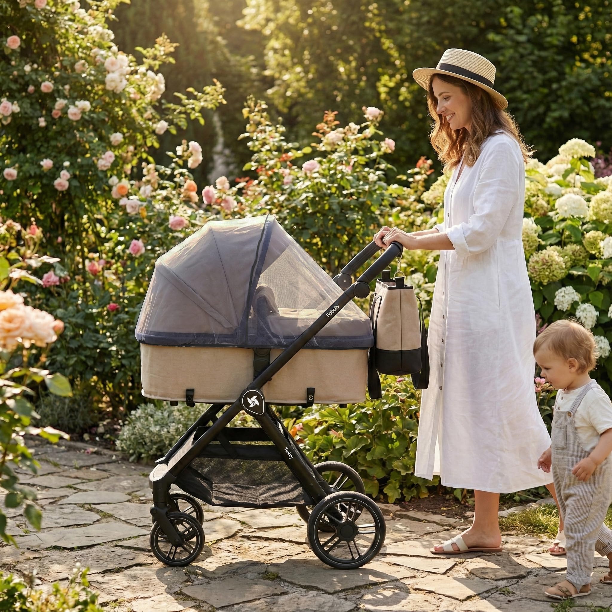 FABULY Twinly Kinderwagen 3 in 1 Komplettset – Leichter Kombikinderwagen ab Geburt – Beige
