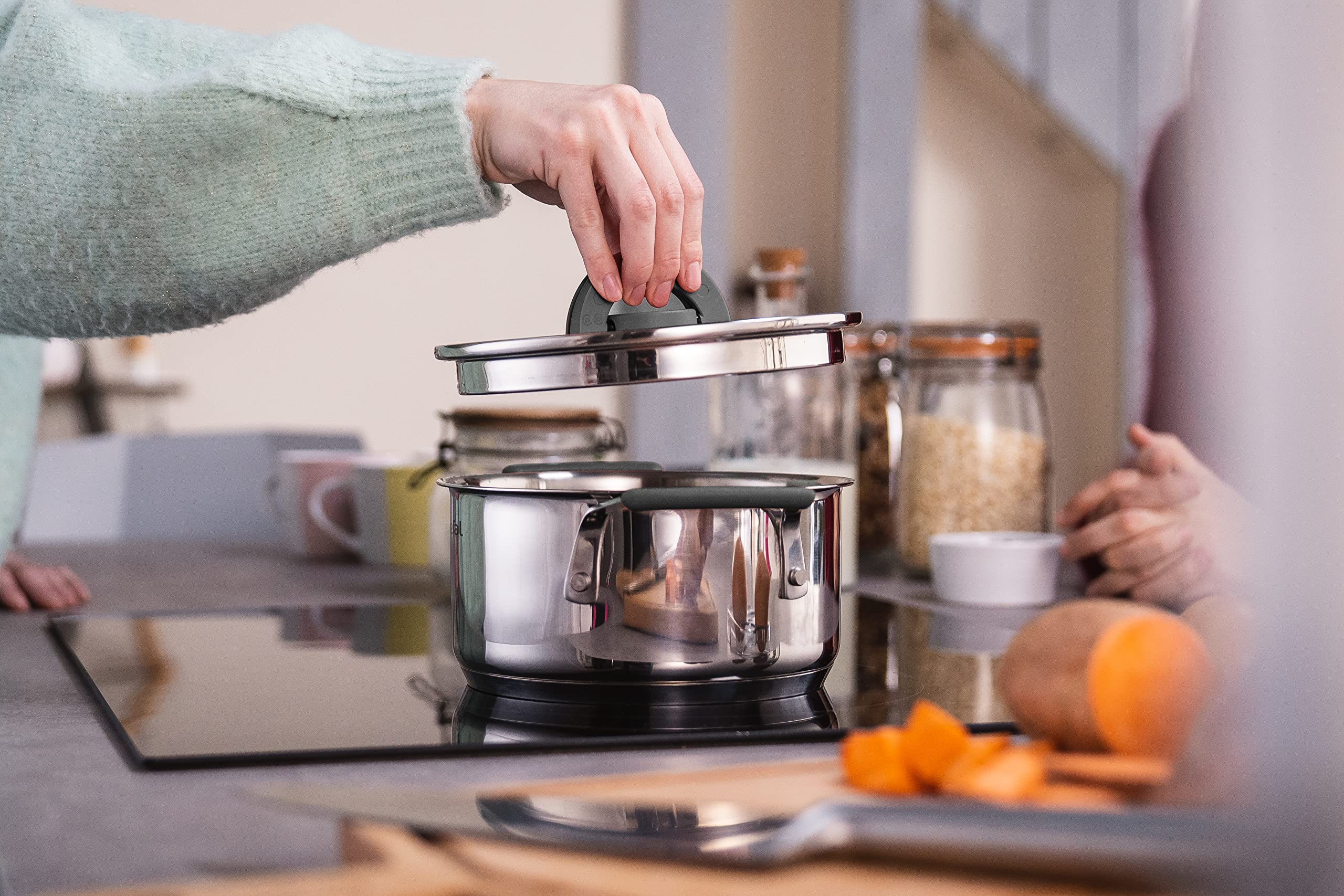 Tefal G7376S Opti'Space Topfset 6-teilig | Stielkasserolle 16 cm (inkl. Deckel) | Kochtöpfe 20/24 cm (inkl. Deckel) | Edelstahl | Thermo-Fusion-Boden | für alle Herdarten | Induktion | Grau