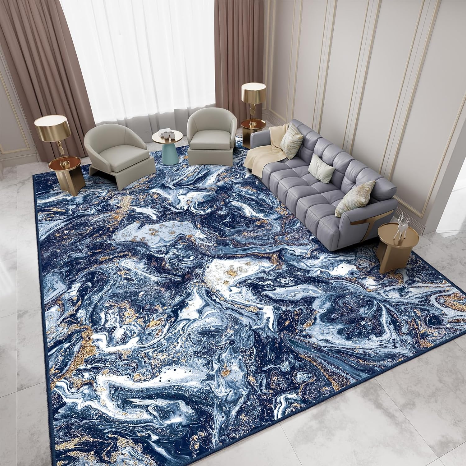 Washable Area Rug 9x12 - Artistic Style Modern Rug for Living Room Bedroom Dining Room, Soft Low Pile Machine Washable Carpet, Non Slip Non Shedding Area Rug - Dark Blue/Gold, 9'x12' Dark Blue/Gold 9' x 12' (Rectangular)