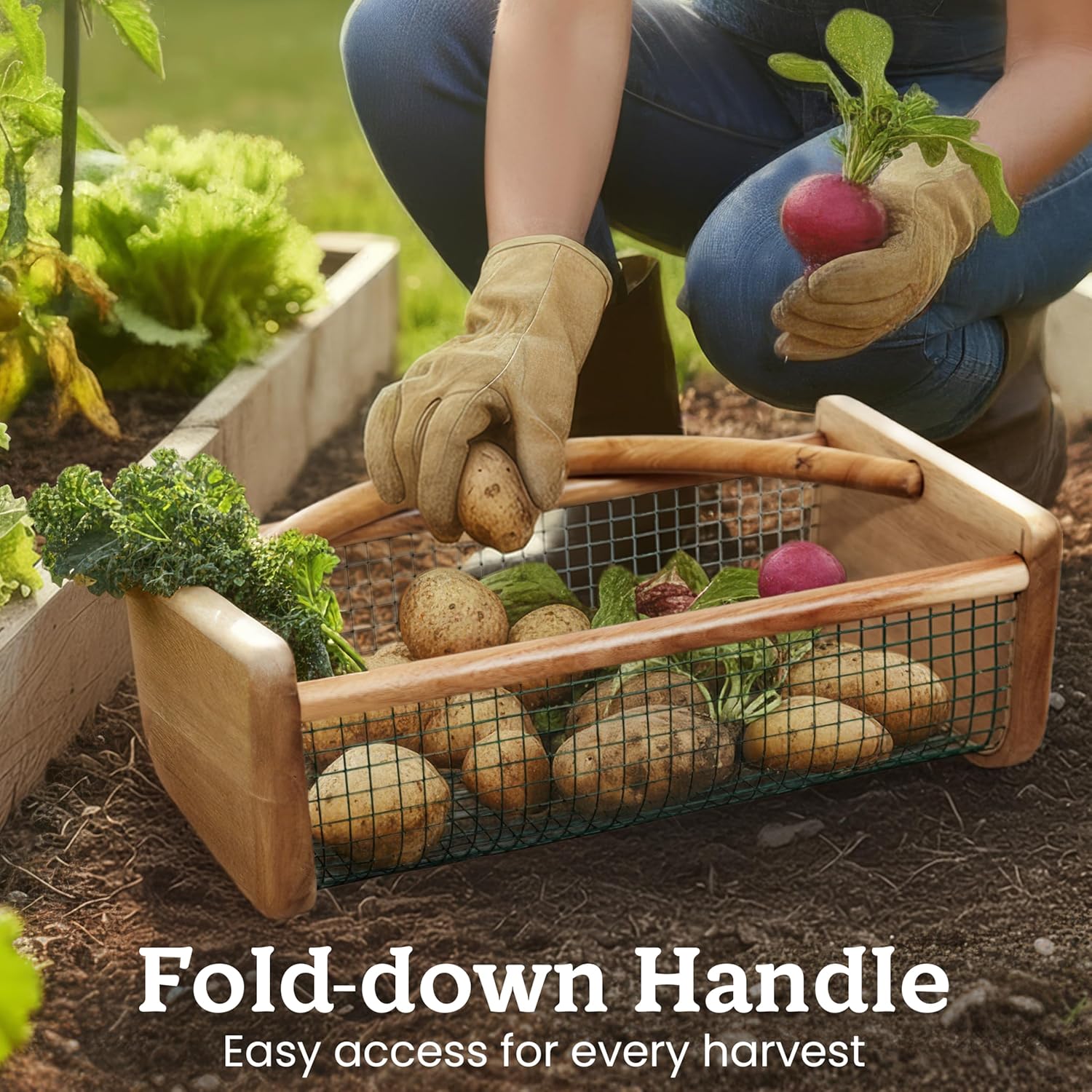 HOMESTEAD Garden Hod Harvest Basket, Durable Acacia Wood Frame with Rotating Handle, Farmhouse Basket for Home Improvement, Gardening, Farm, Kitchen, Indoor Outdoor Use