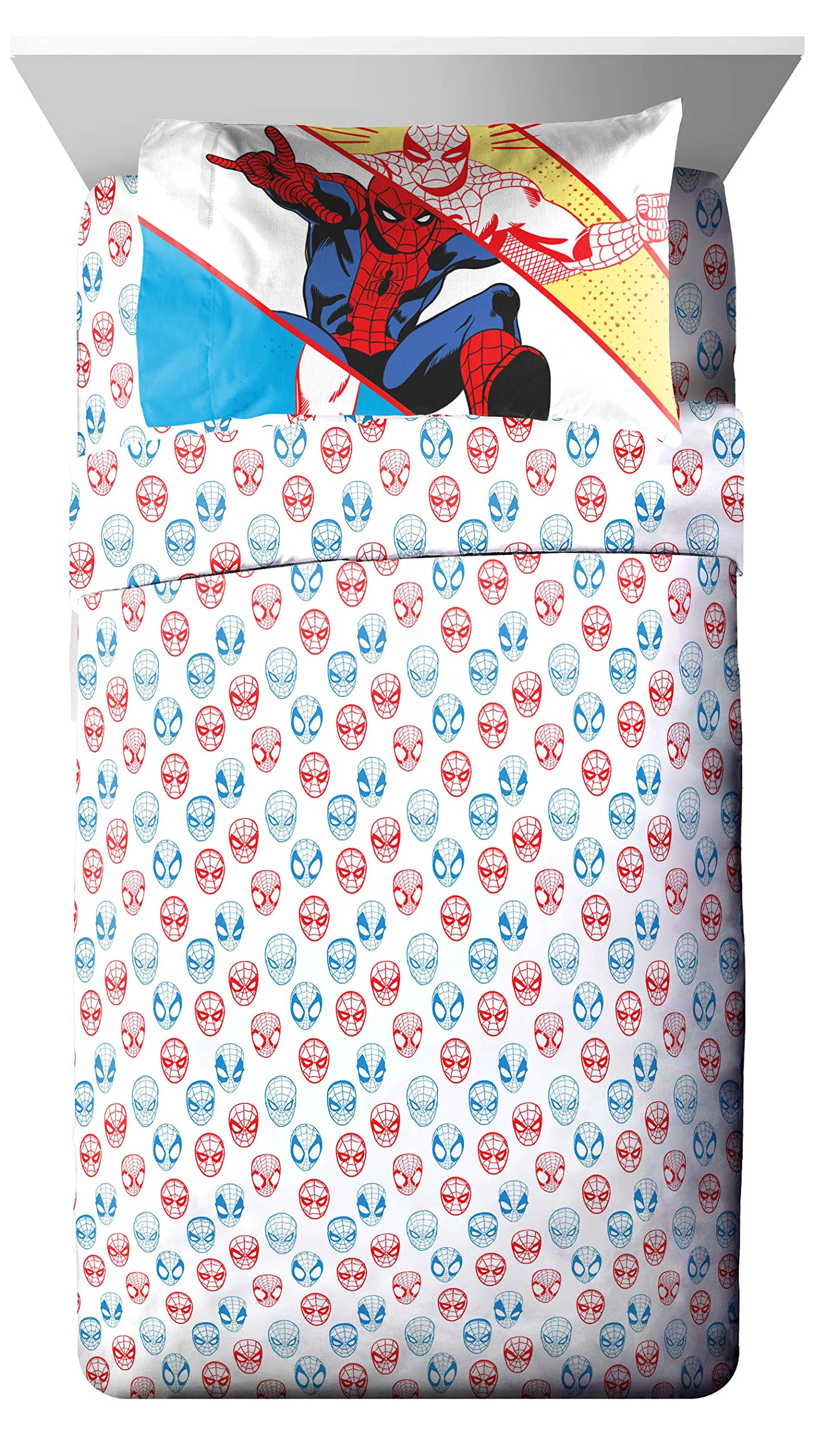 Marvel Spiderman Wall Crawler - Set di biancheria da letto per bambini, motivo ragnatele rosse, bianche e blu, 4 pezzi, con copripiumino, lenzuolo inferiore con angoli, lenzuolo superiore piatto e
