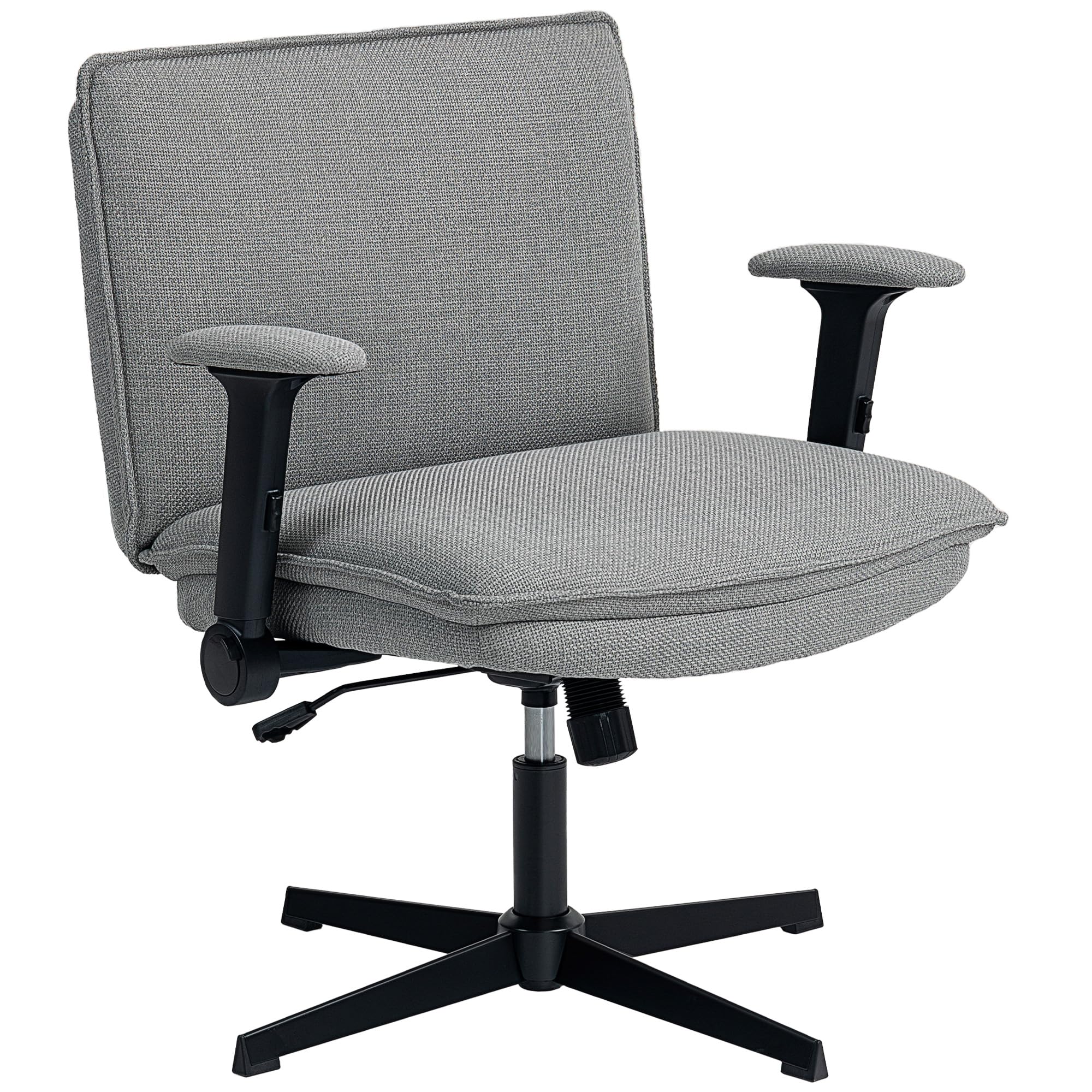 HOMCOM Silla de Oficina Piernas Cruzadas, Silla de Escritorio con Reposabrazos Abatible, Asiento Ancho de 63 cm, sin Ruedas, Altura Ajustable, Giratoria, Función Basculante, Tapizada en Lino, Gris
