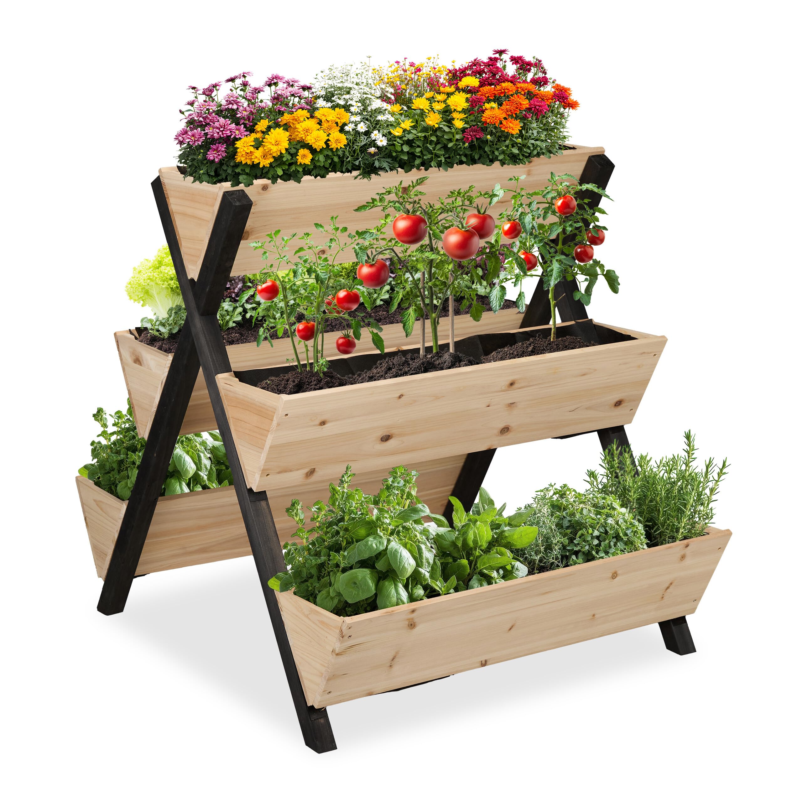 Relaxdays Carré Potager Vertical, Jardinière Bois, HLP : 82 x 75 x 90 cm, Jardin surélevé avec 5 bacs, Naturel/​Noir