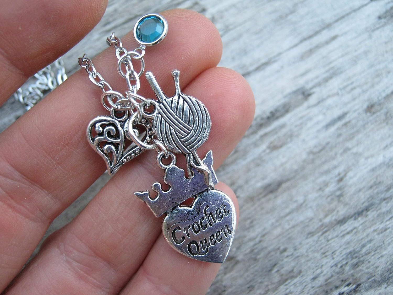 Crochet Queen Necklace, Crocheter Jewelry, Personalized Birthstone Necklace, Yarn Heart, Fiber Worker Gift