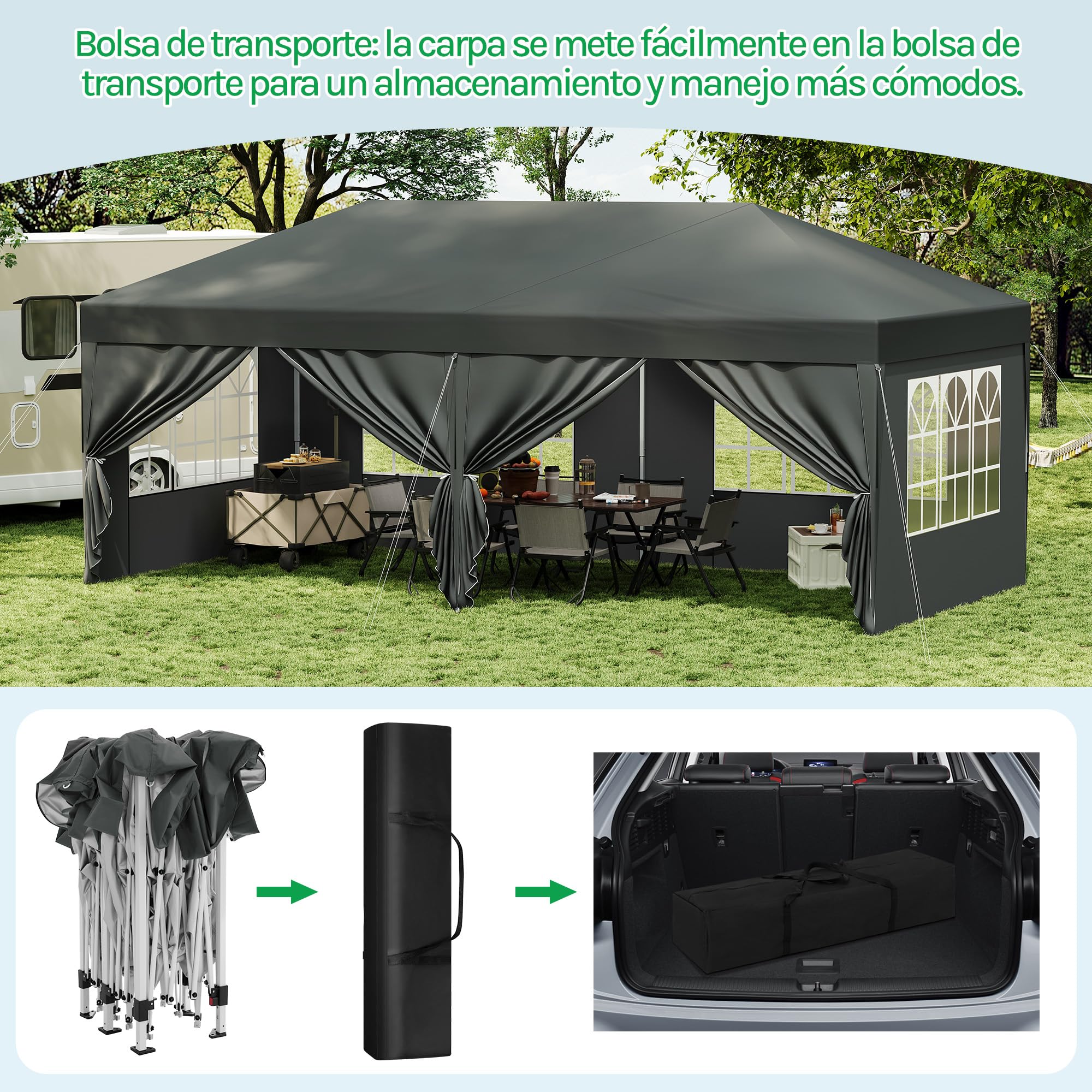 Laneetal Gazebo de Jardín 3x6 m, Carpa Plegable e Impermeable, Pergola Jardín Marco Metalico, Pabellón Cenador para Camping y Fiestas, 6 Paredes Laterales y 4 Ventanas, Antracita