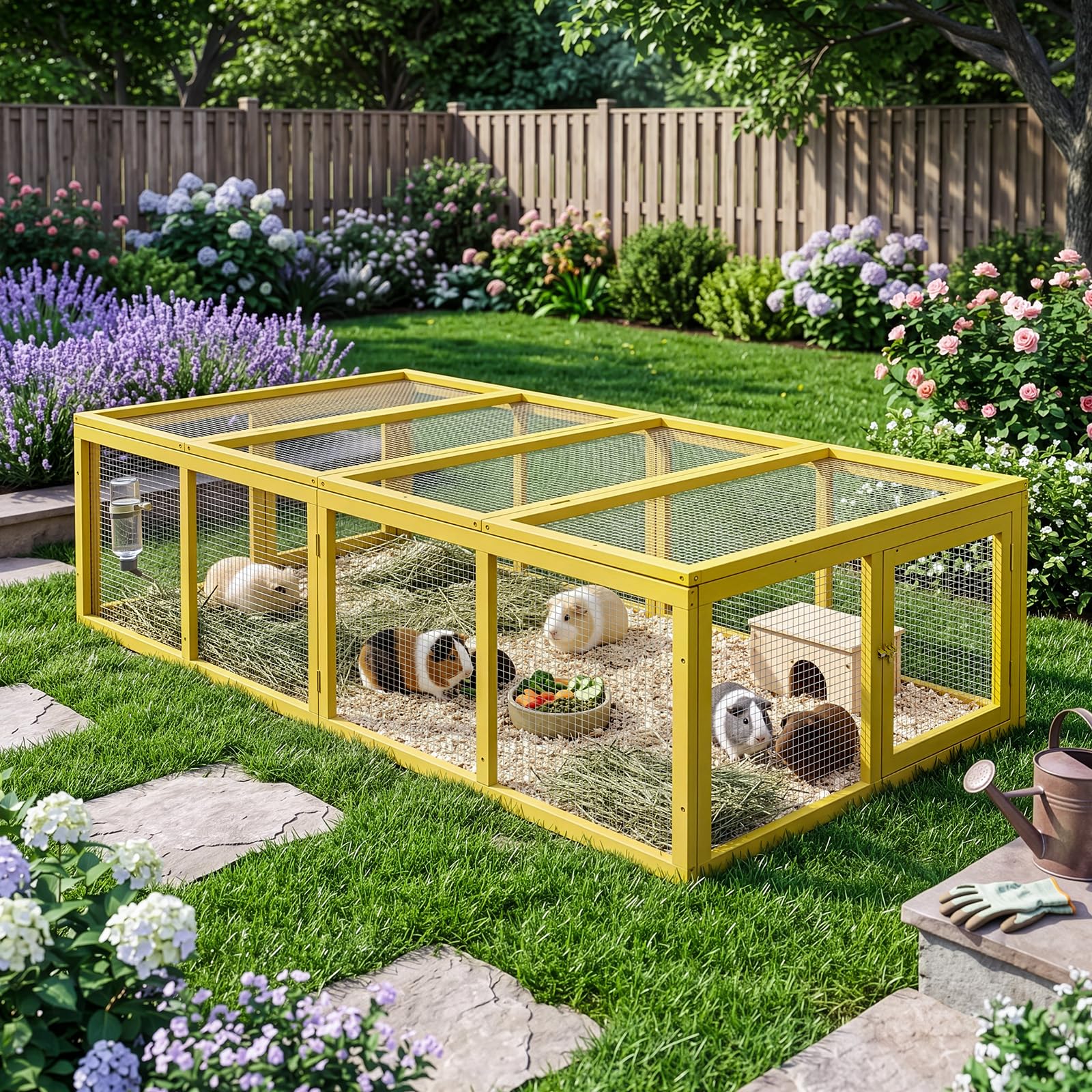 freilaufgehege Holz, kaninchenstall mit klappbarer Abdeckung, 180 x 90 x 48 cm, Großer Raum, geeignet für kleine Tiere zum Herumstreifen im Freien, Gelb