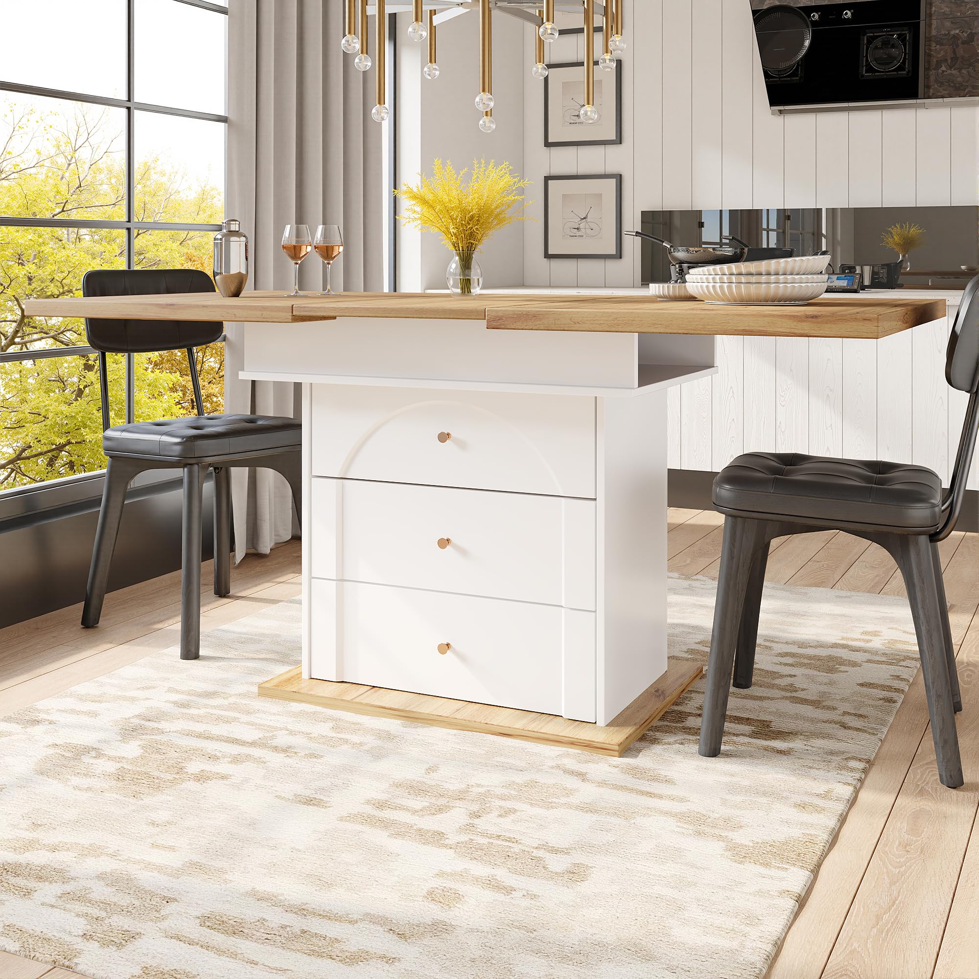 Merax Esstisch Ausziehbar, Esszimmertisch Küchentisch mit ausziehbare Tischplatte, Schubladen und Klapptüren, Säulentisch rechteckig, Teleskoptisch für 4-6 Personen, 110-140x80 cm, Holzoptik & Weiß