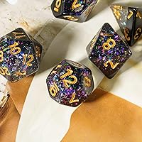 Vista 4 de Juego de dados de resina para DND, juego de 7 dados poliédricos negros D&D rellenos con papel de colores brillantes para juegos de rol