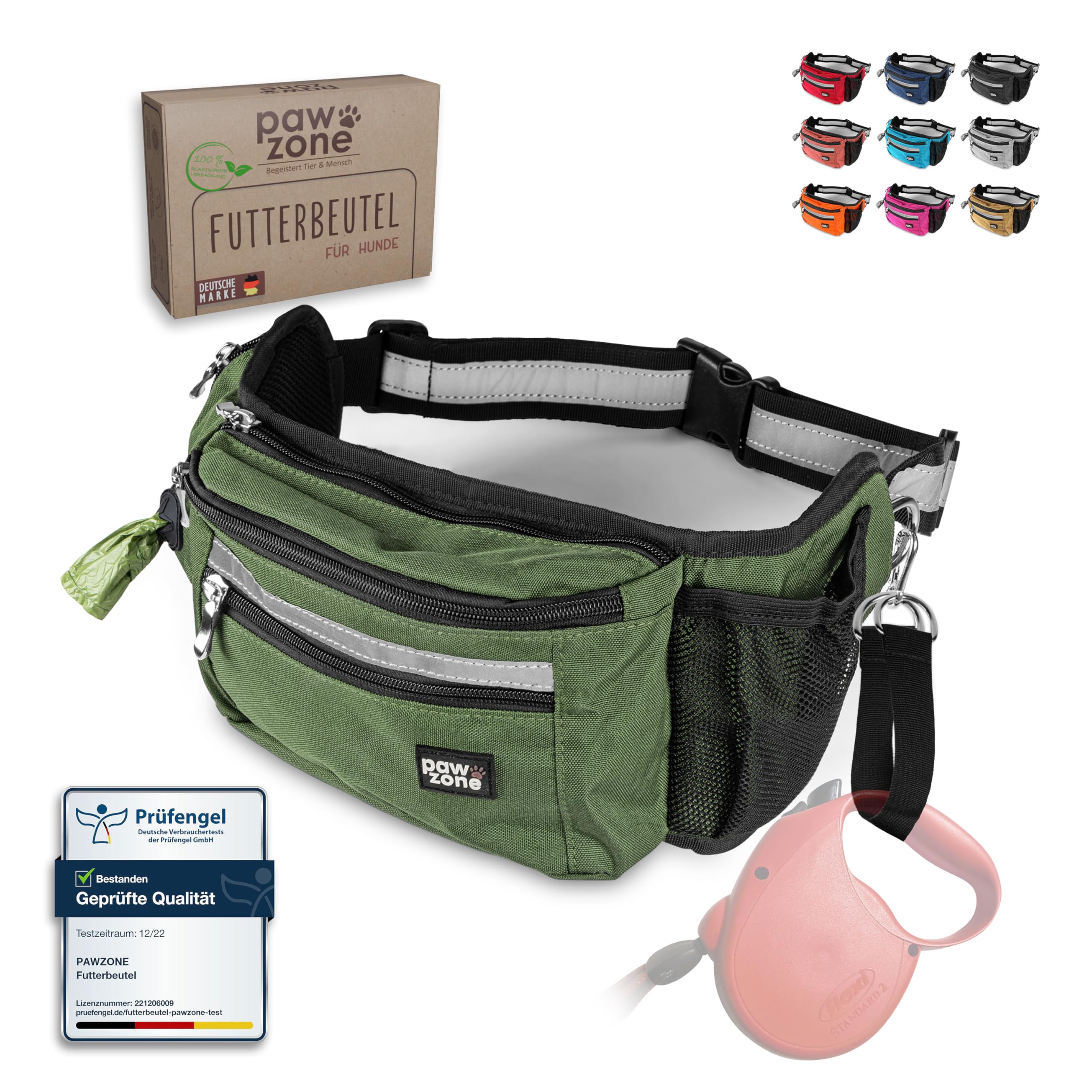 PAWZONE Sacchetto per cibo per cani – Sacchetto per cani – Marsupio per cani – Borsa per cani – Tasca per cani – Include nastro riflettente e cintura aggiuntiva per fili flessibili (verde oliva)