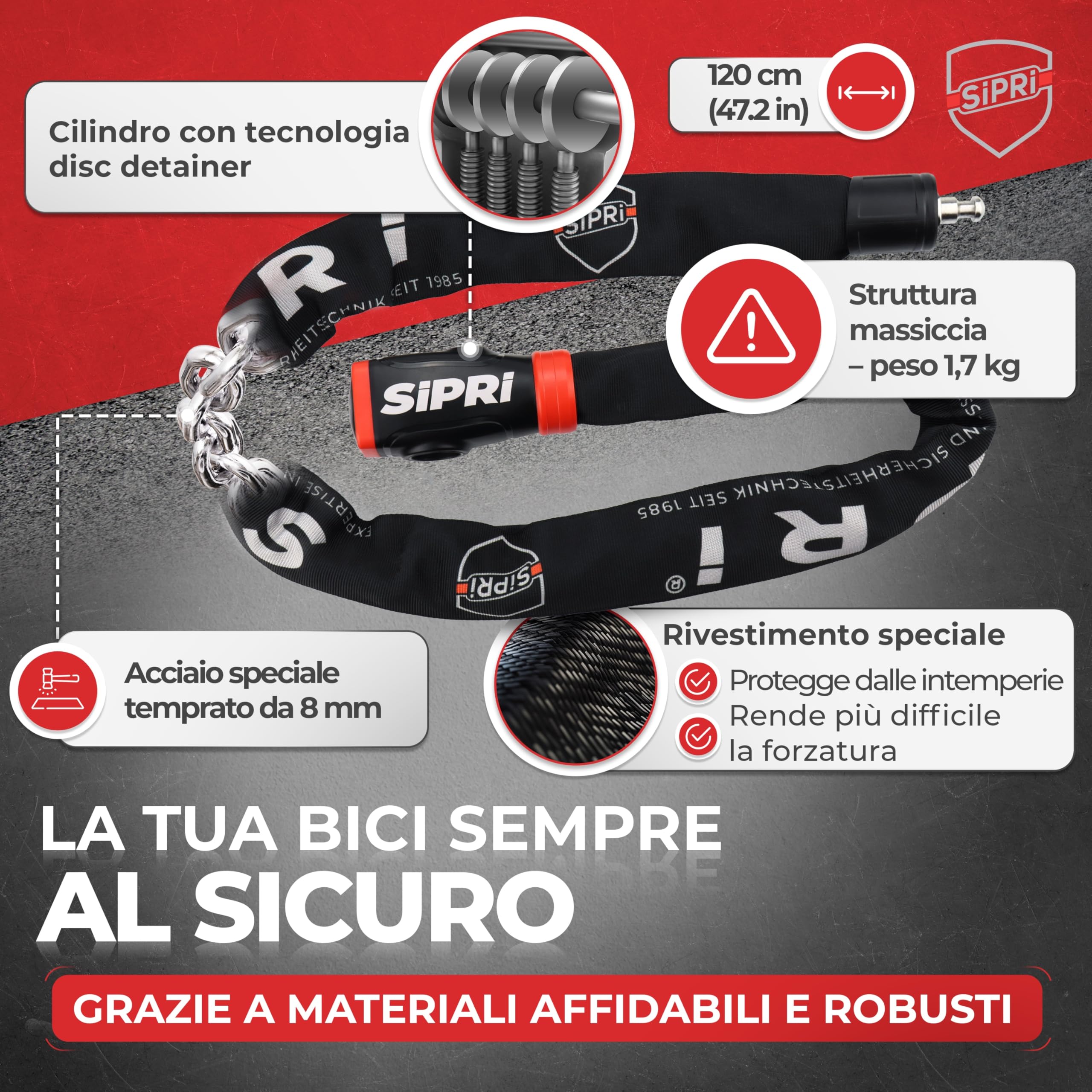 SIPRI Lucchetto per bicicletta con allarme, 120 dB, serratura a catena per bicicletta elettrica, scooter elettrico e moto, in acciaio da 8 mm, resistente alle intemperie, robusto e durevole, con