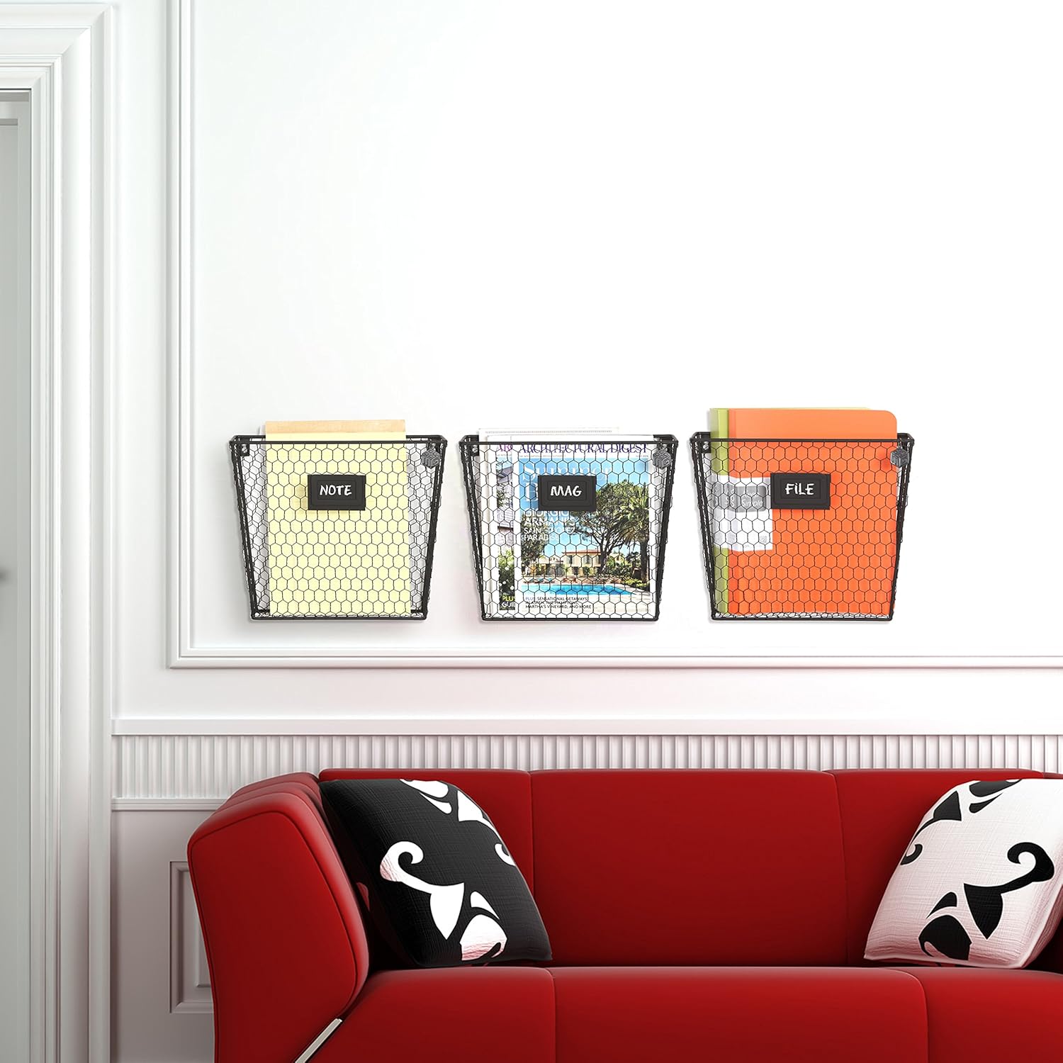 MyGift Wall Mounted Magazine Holder, Rustic Black Metal Wire Mail Holder and Document File Storage Organizer with Erasable Chalkboard Labels, Set of 3
