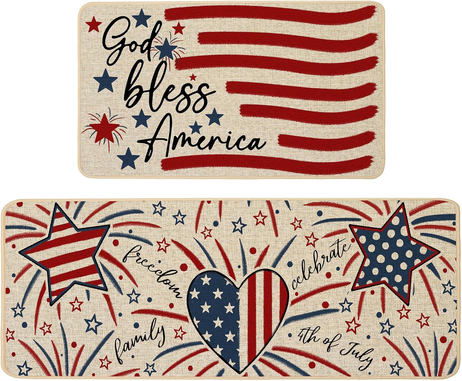 Baccessor Patriotic Kitchen Mats Set of 2, Memorial Day 4th of July Independence Day Kitchen Rugs for Floor Low-Profile Holiday Home Decor 17x29 and 17x47 Inch