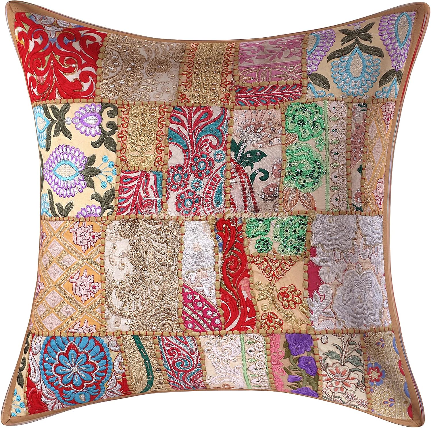 Ethnic Throw Pillow Covers 16x16 Inch Cotton Vintage Patchwork Decorative Square Embroiderded Cushion Covers (Size - 40x40 cm ; Color: Khaki Brown) - Set of 4 Pcs (Cover Only)